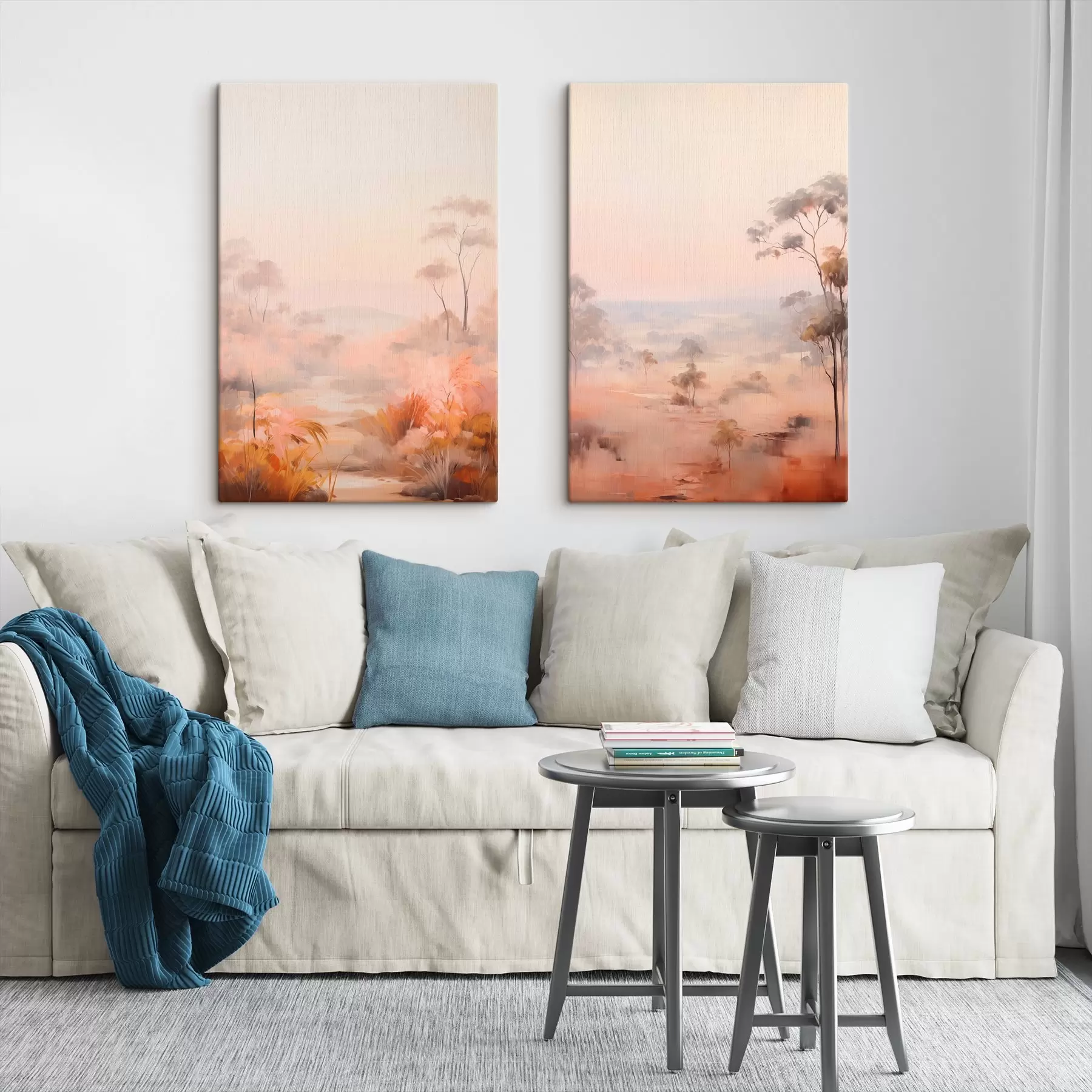 Картина Пейзаж з кущами та деревами у відтінках рожевого, помаранчевого та коричневого, з горами на задньому плані m00646