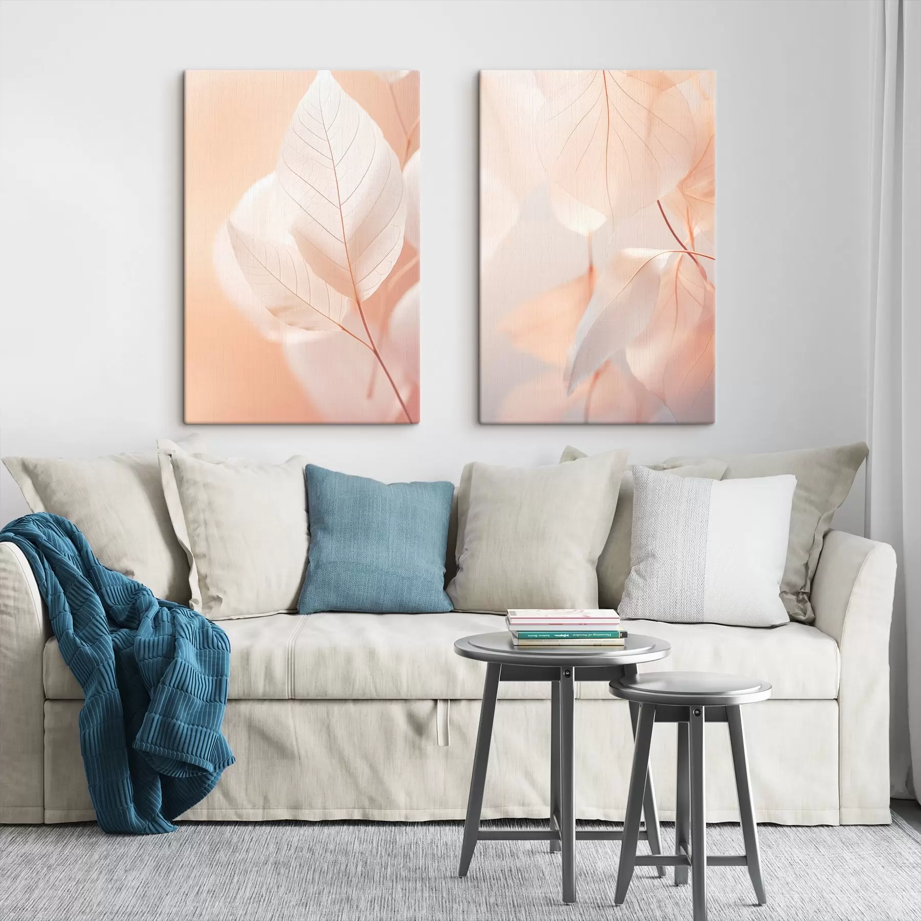 Картина Великий план напівпрозорого листя з ніжними прожилками, м'яка персиково-біла палітра кольорів, розмитий фон m00647