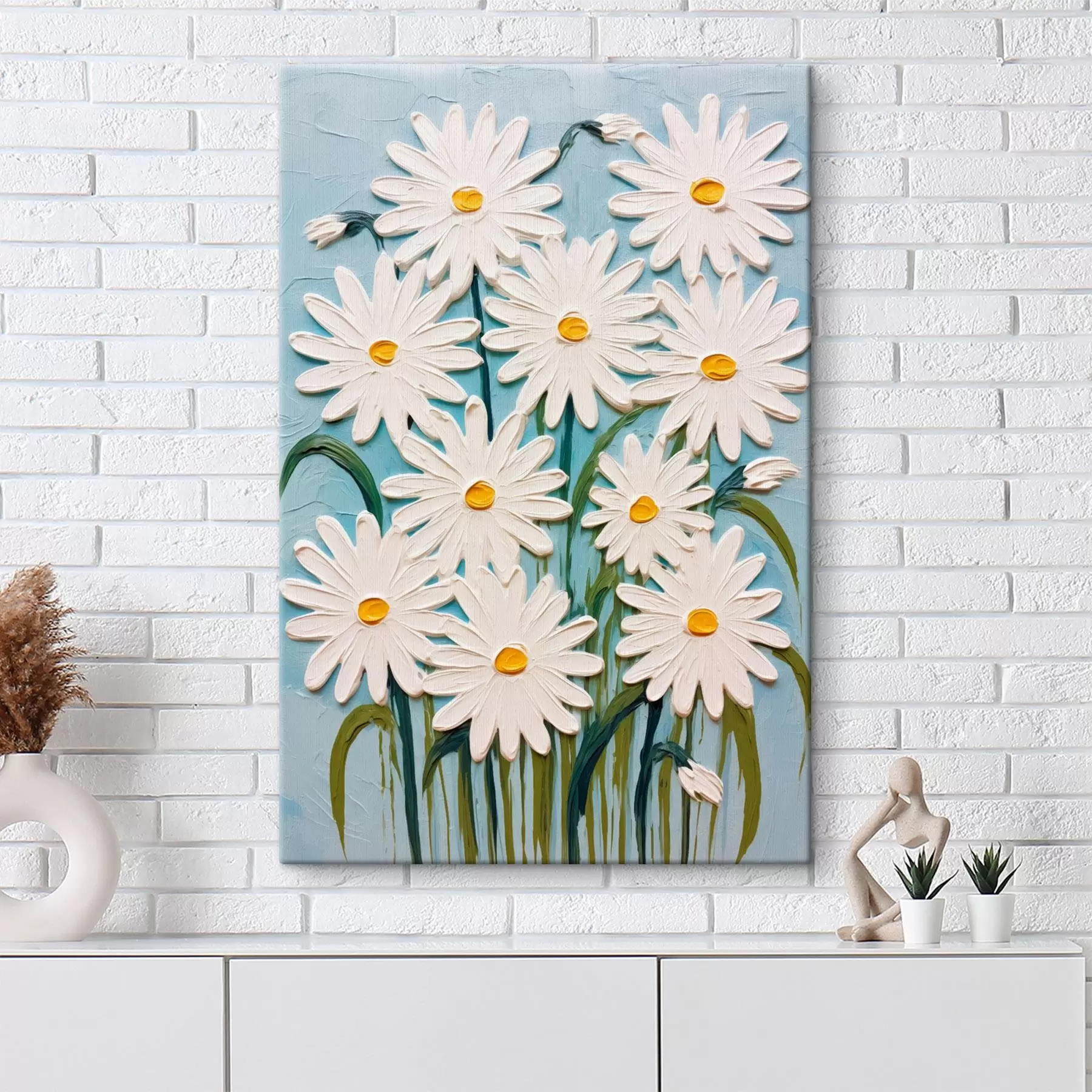 Картина Ромашки в стилі рельєфного розпису: композиція на синьому тлі s45527