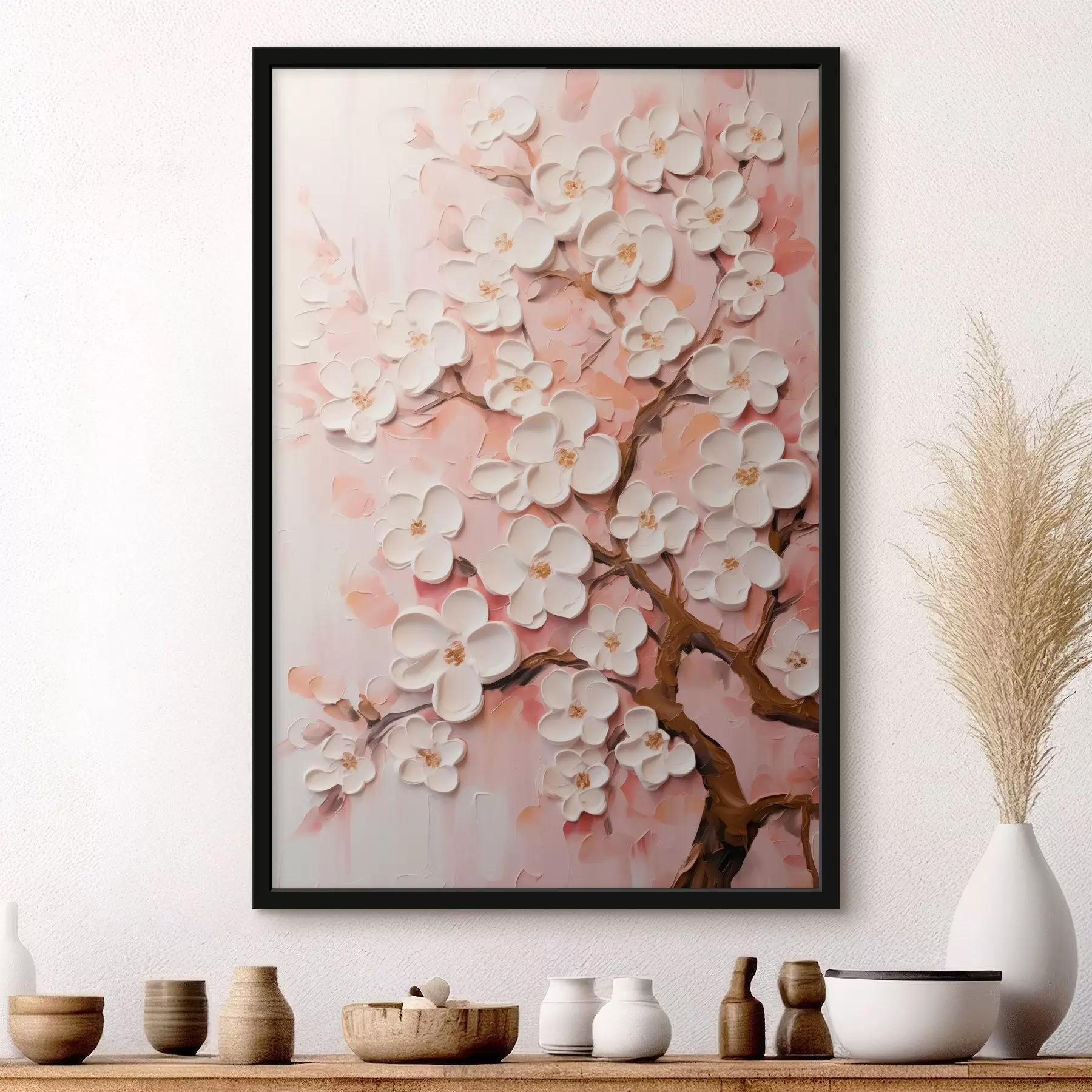 Картина Квітуча гілка: рельєфна композиція у світло-рожевих тонах f45543