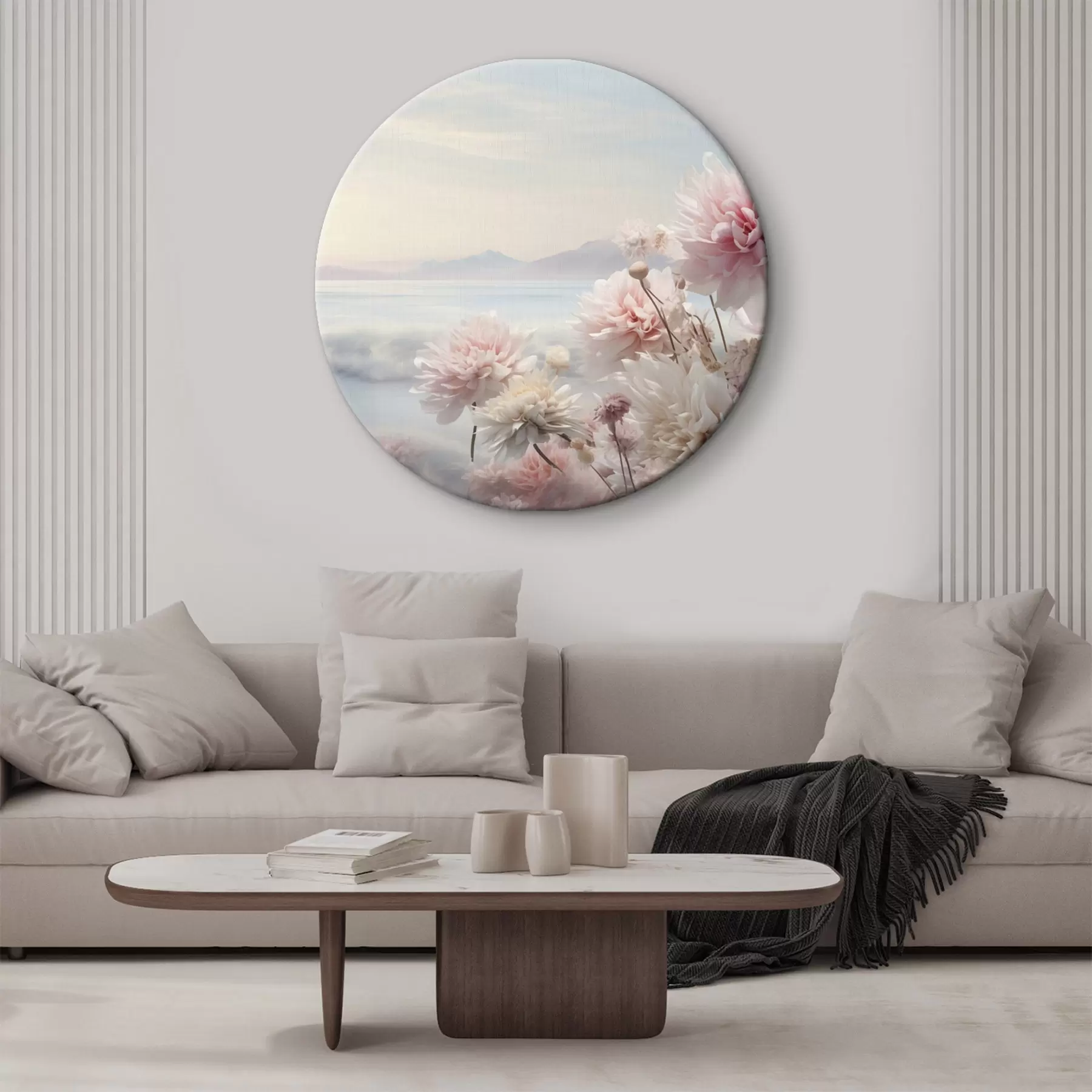 Картина Ніжні рожеві квіти біля моря на світанку r45496