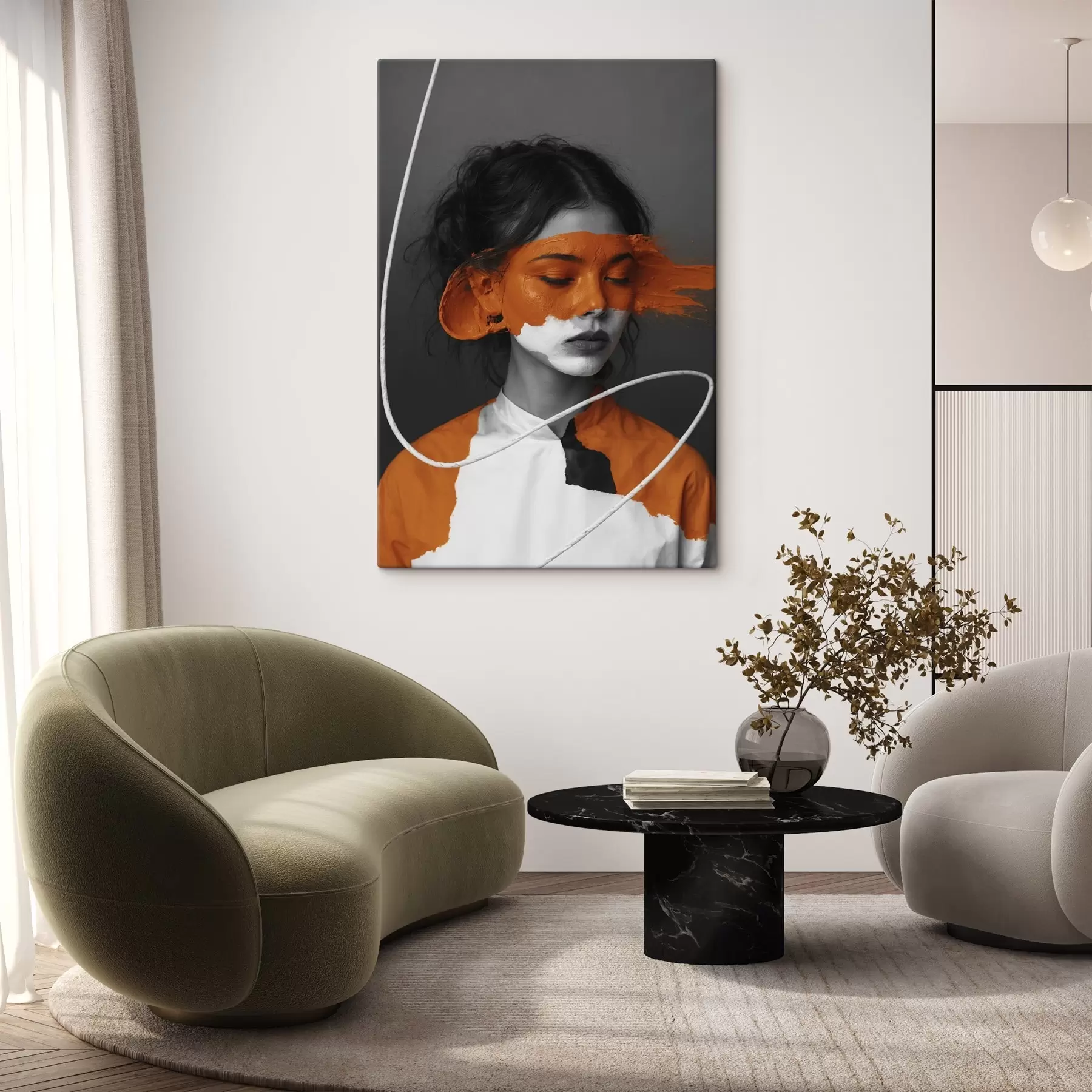 Картина Портрет дівчини з абстрактним помаранчевим зображенням s45495