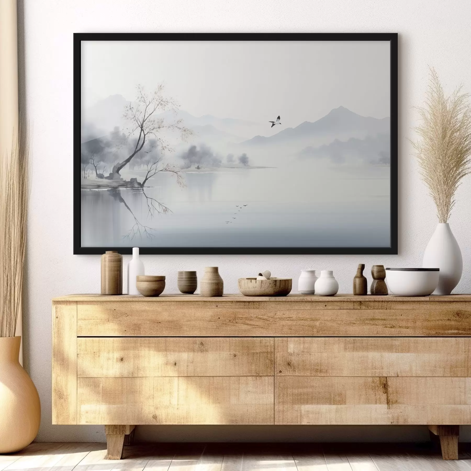 Картина Туманний пейзаж з деревом, горами та птахами f45518