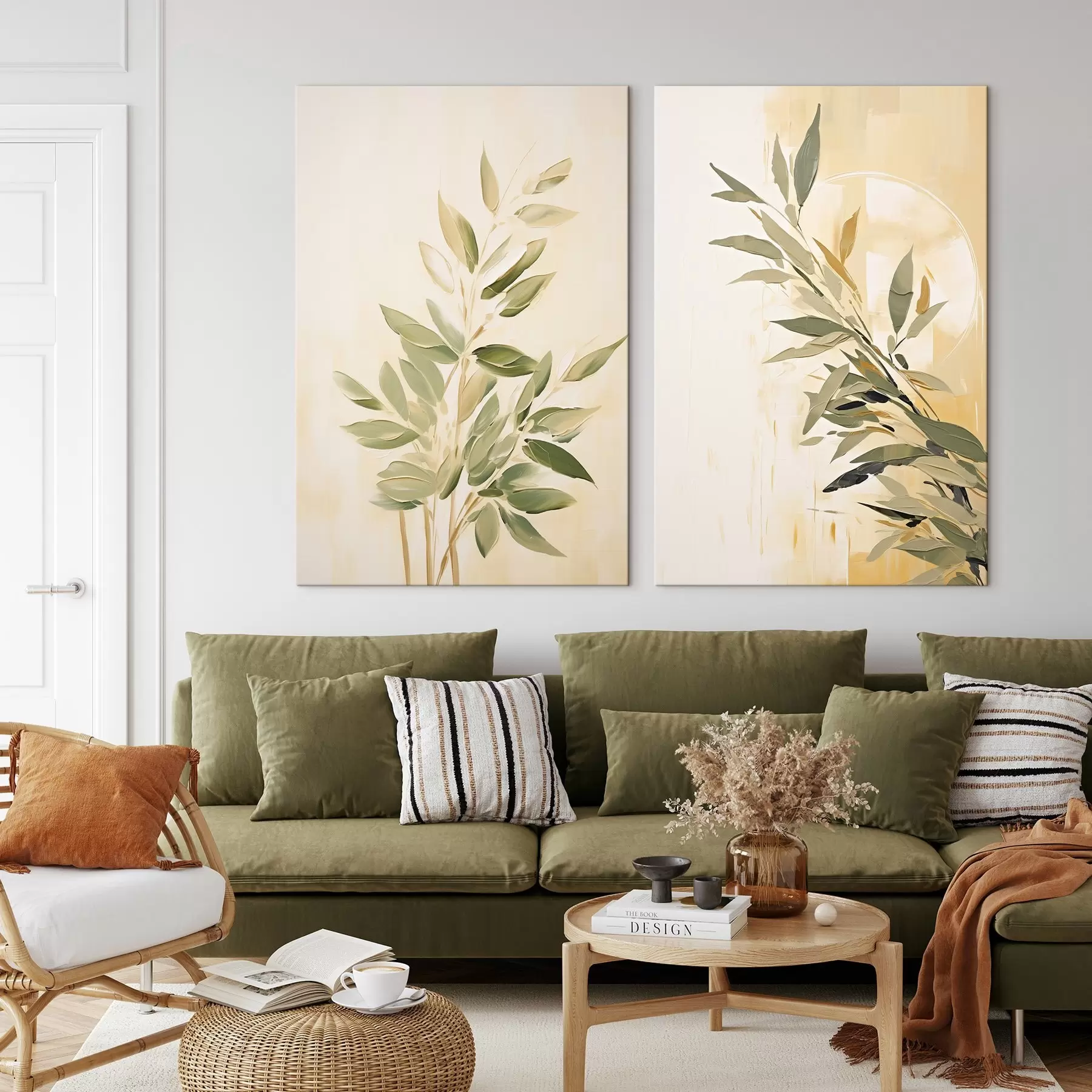 Картина Ботанічна гілка з зеленим листям на теплому тлі m00686