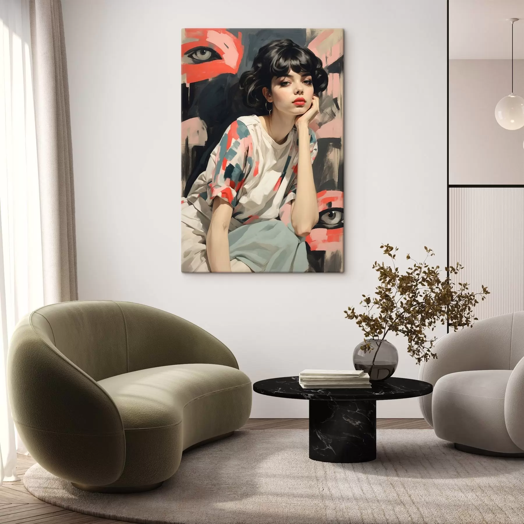 Картина Портрет дівчини на тлі з очима та абстрактними мазками s45623