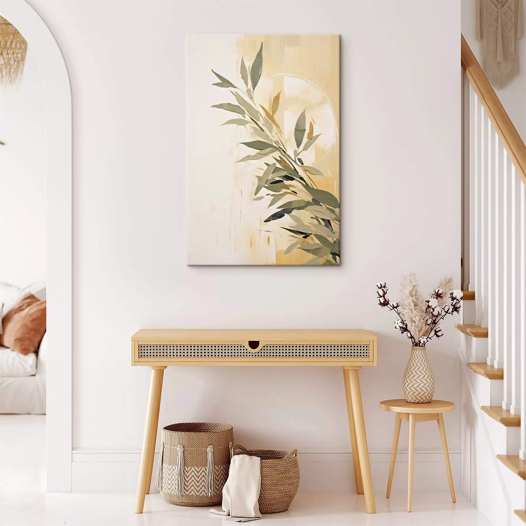 Картина Ботанічна гілка з зеленим листям на теплому тлі s45690