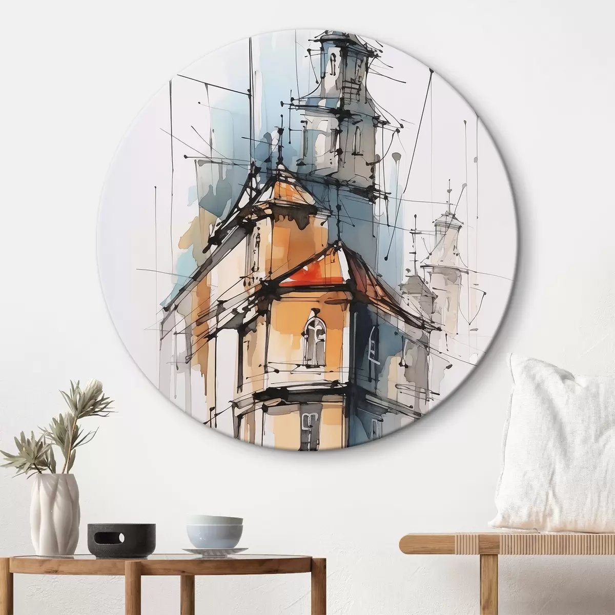 Кругла картина Будинки імітація ескіз і акварель r45765