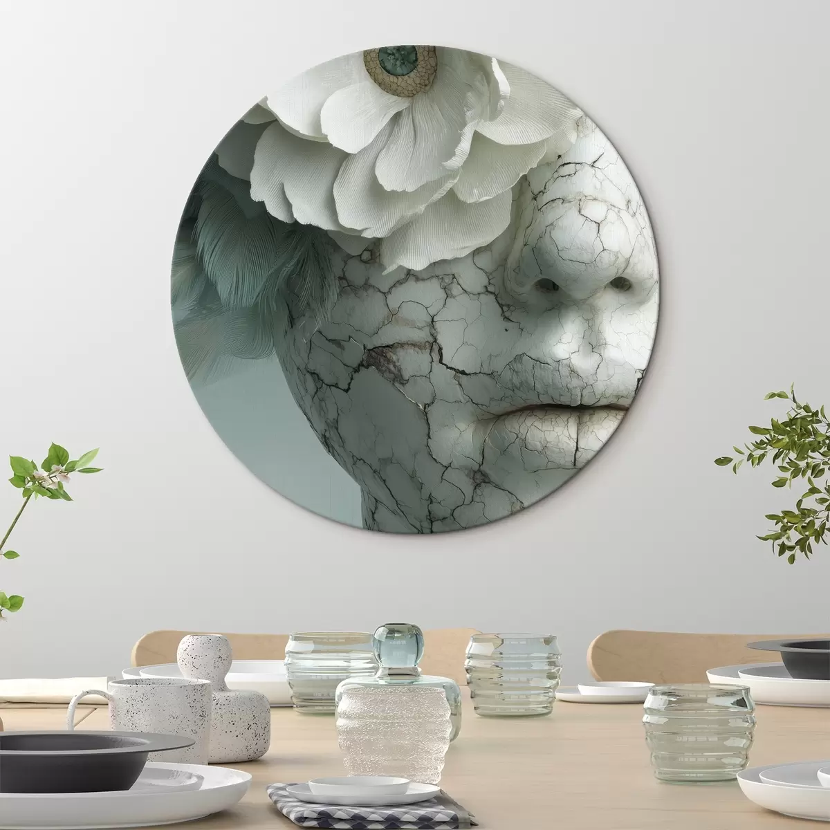 Кругла картина мармурове обличчя дівчинки з квіткою r45709