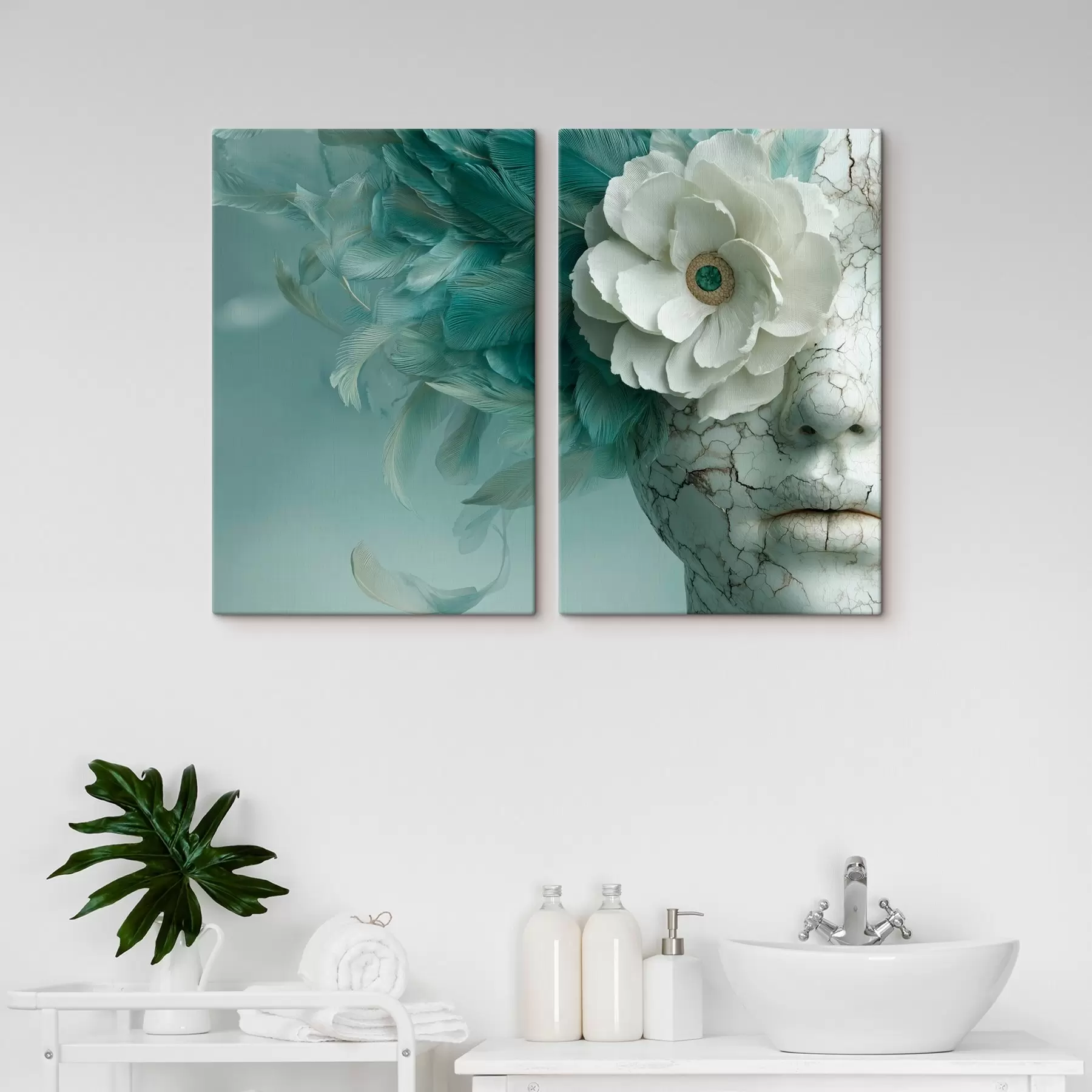 Картина мармурова статуя дівчини з квіткою і пір'ям m00699