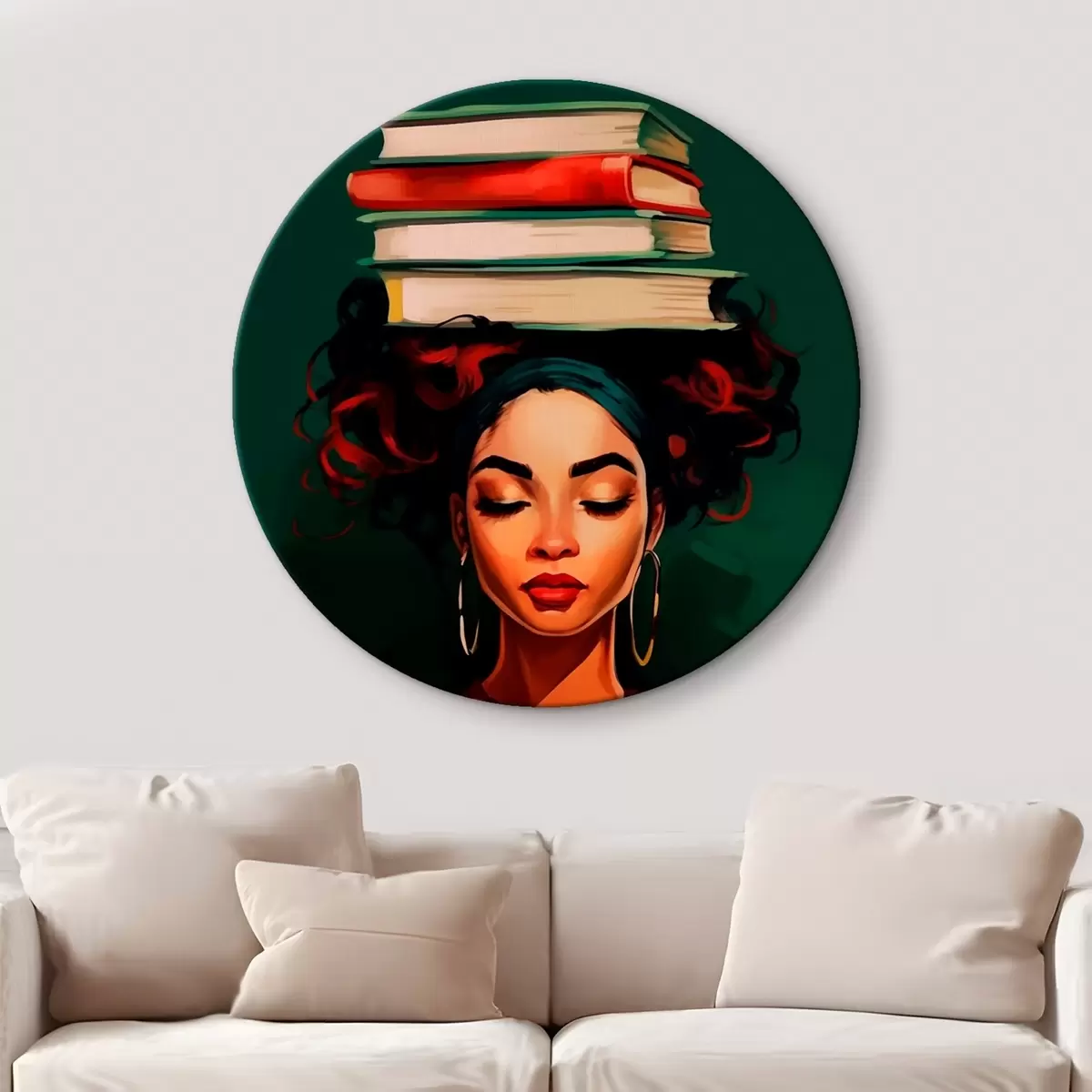 Кругла картина Жінка з книгами на голові r45952