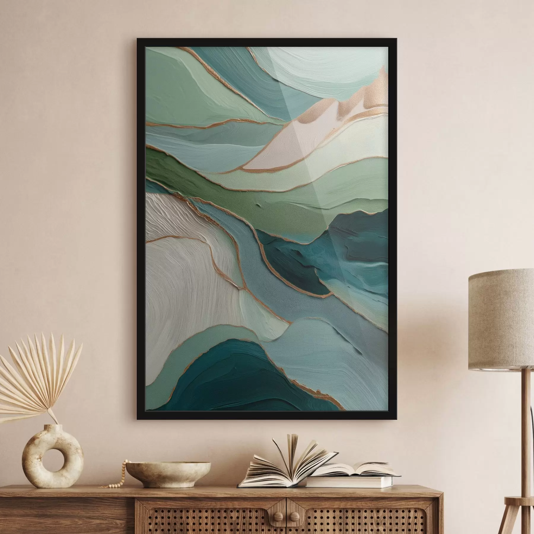 Картина Багатошарова зелена абстракція з жовтими лініями та глибиною f45902