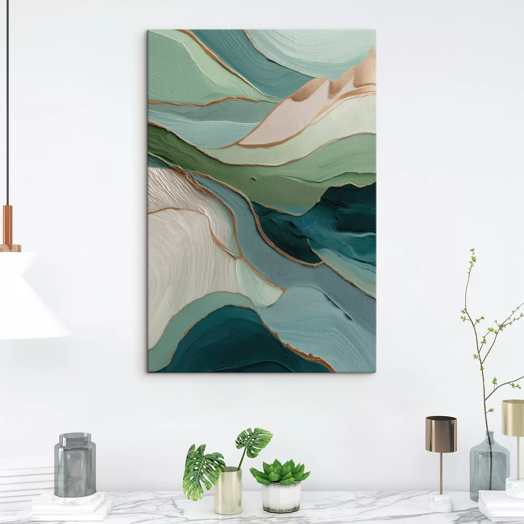 Картина Багатошарова зелена абстракція з жовтими лініями та глибиною s45902