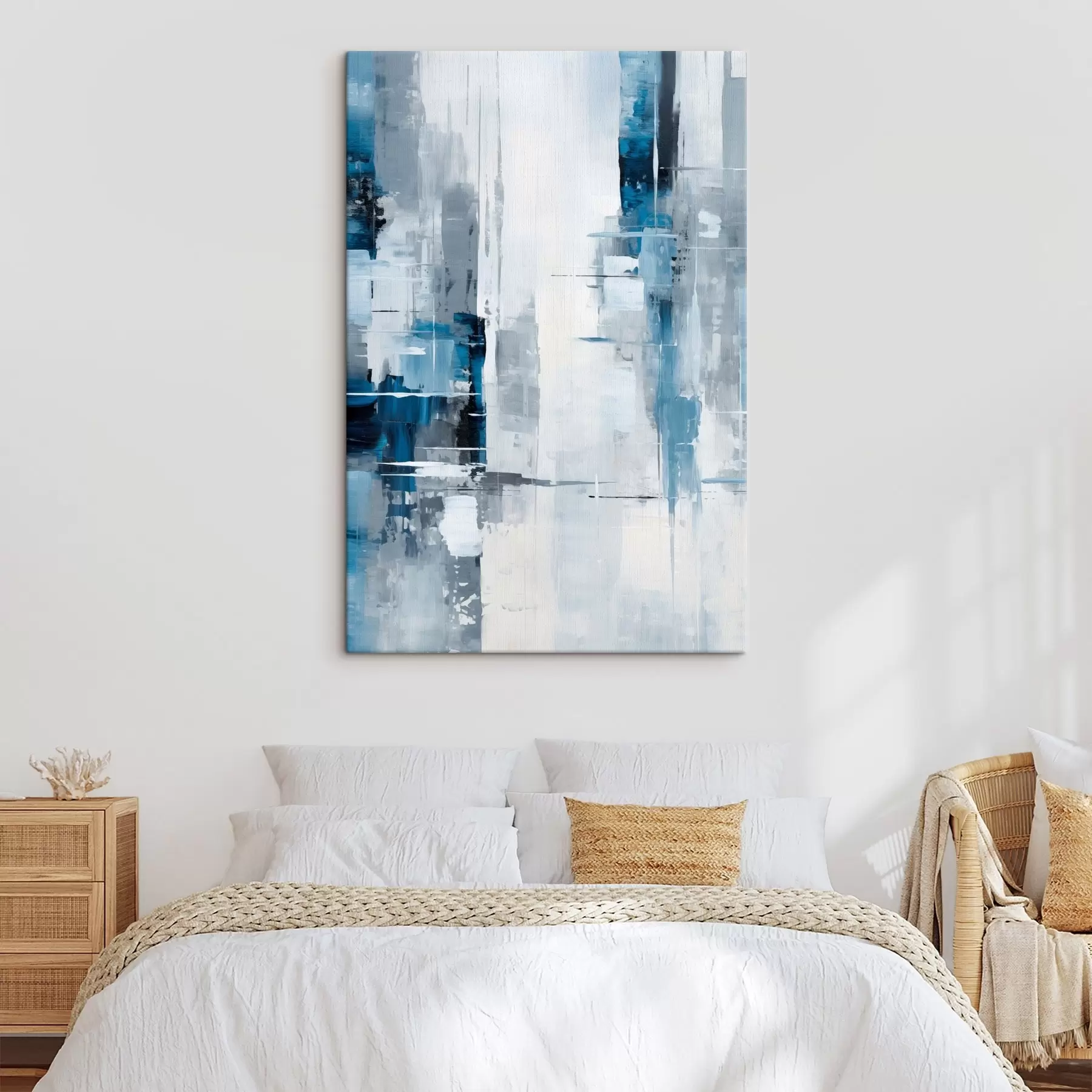 Картина Абстрактна імітація живопису з використанням синього, сірого та білого кольорів, вертикальних ліній та геометричних фігур s45926