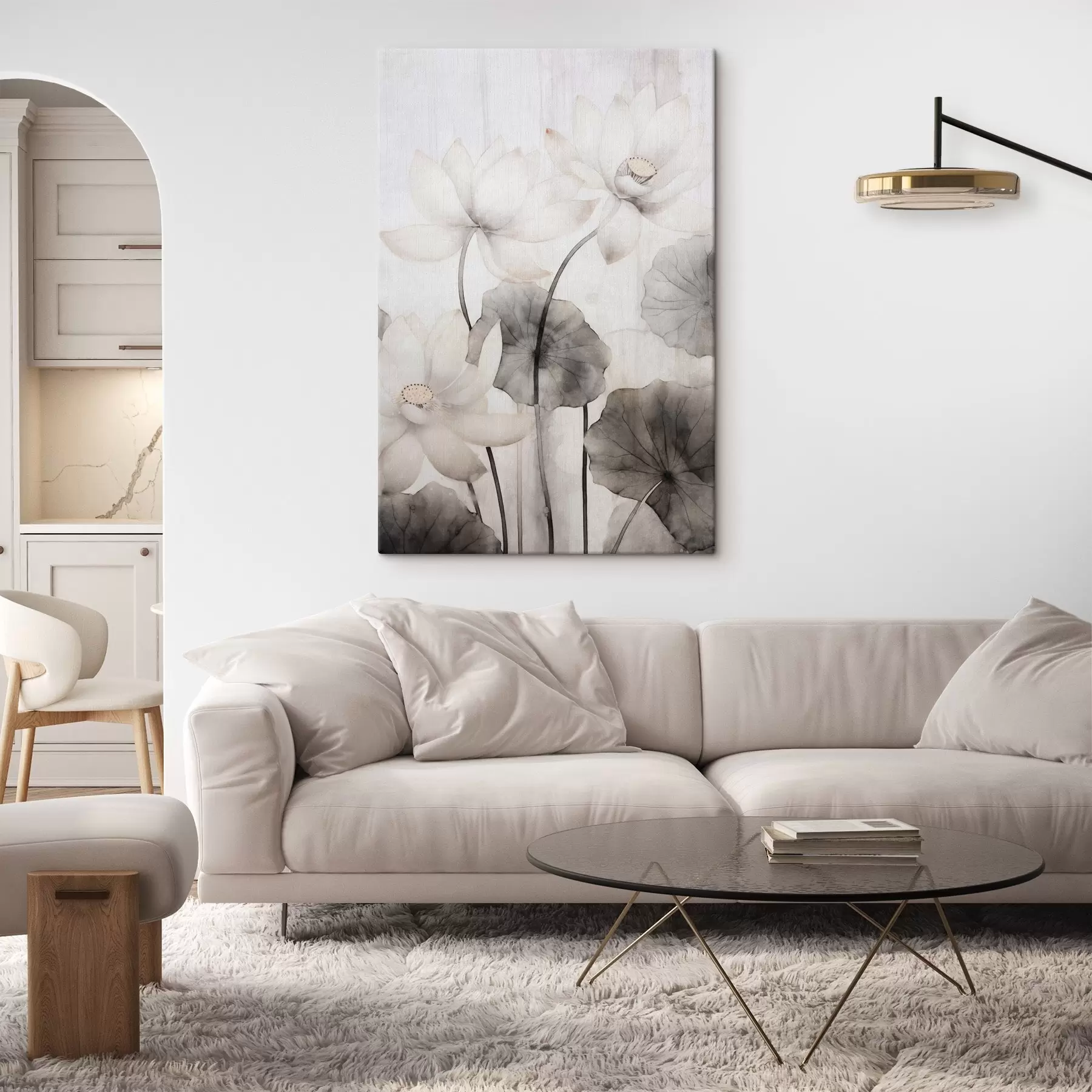 Картина Білі текстуровані квіти лотоса з темними листям, світлий фон, мінімалістичний дизайн s45937