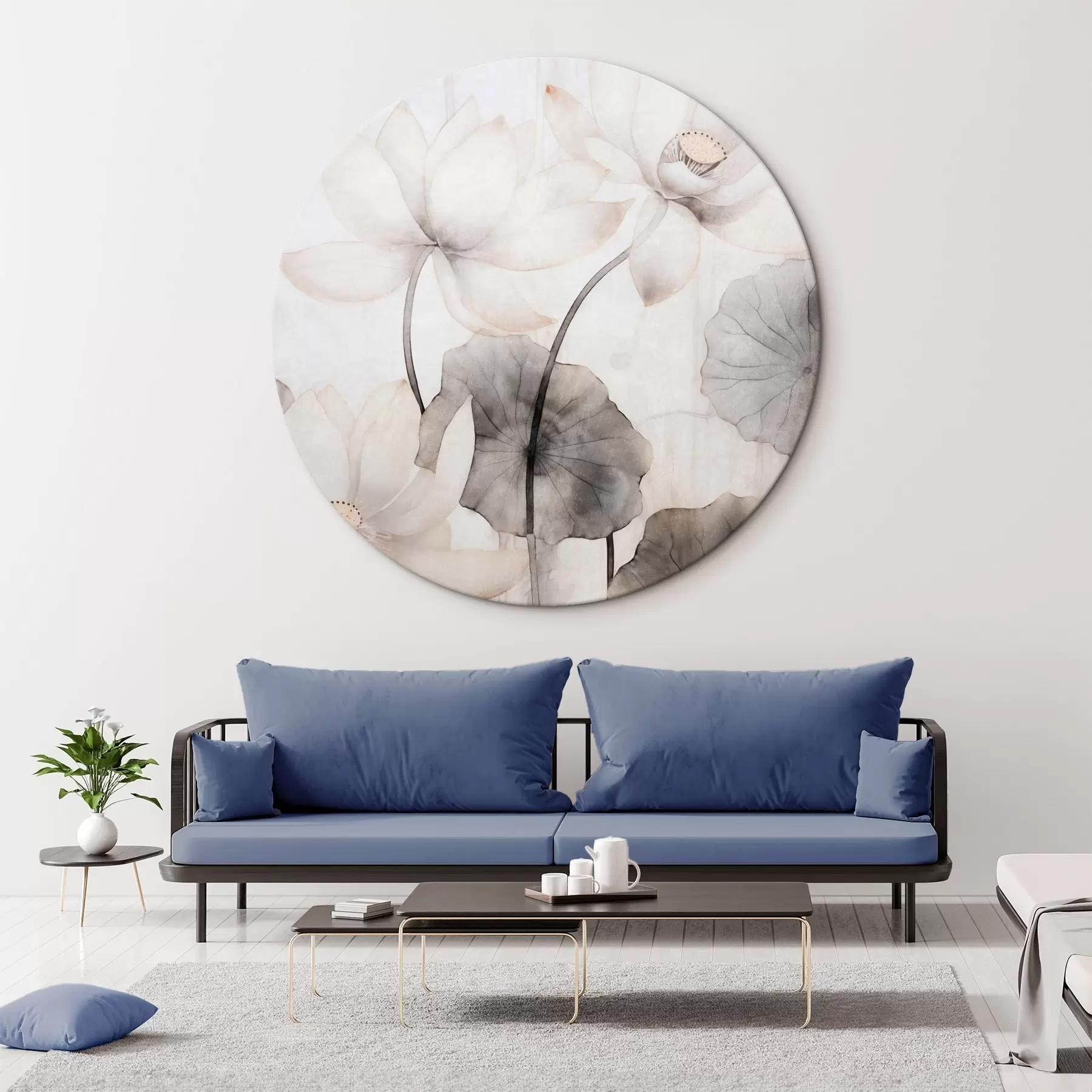 Картина Білі текстуровані квіти лотоса з темними листям, світлий фон, мінімалістичний дизайн r45937