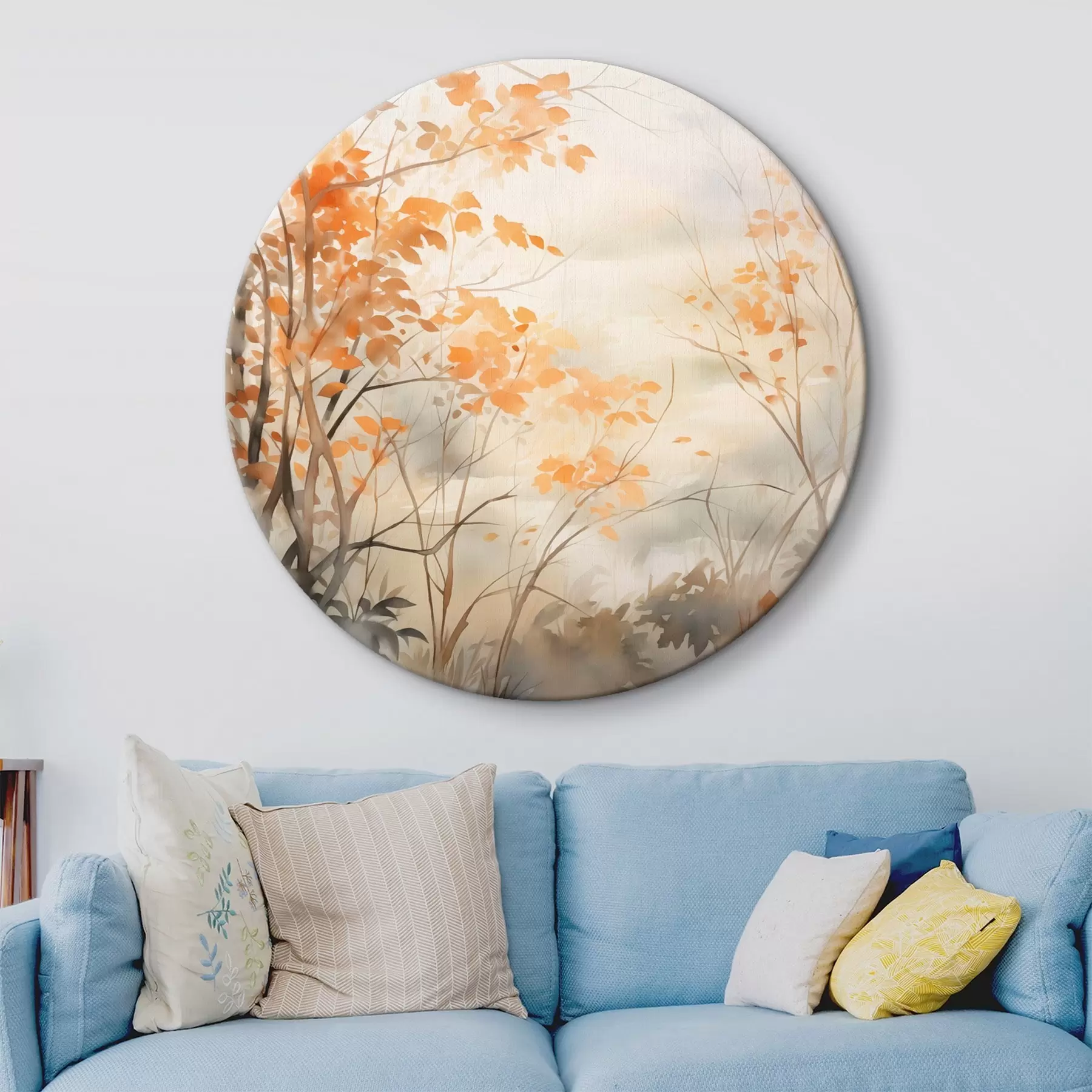 Картина Осінні дерева з помаранчевим листям і гілками, м'який акварельний стиль, ніжні мазки пензлем r45941