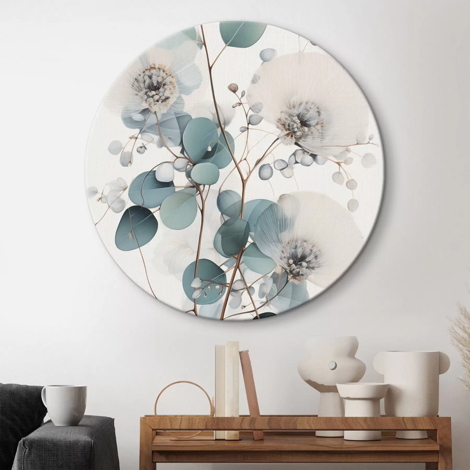 Картина Абстрактні квіти евкаліпта з білими пелюстками, приглушені зелені листя на гілках r45946