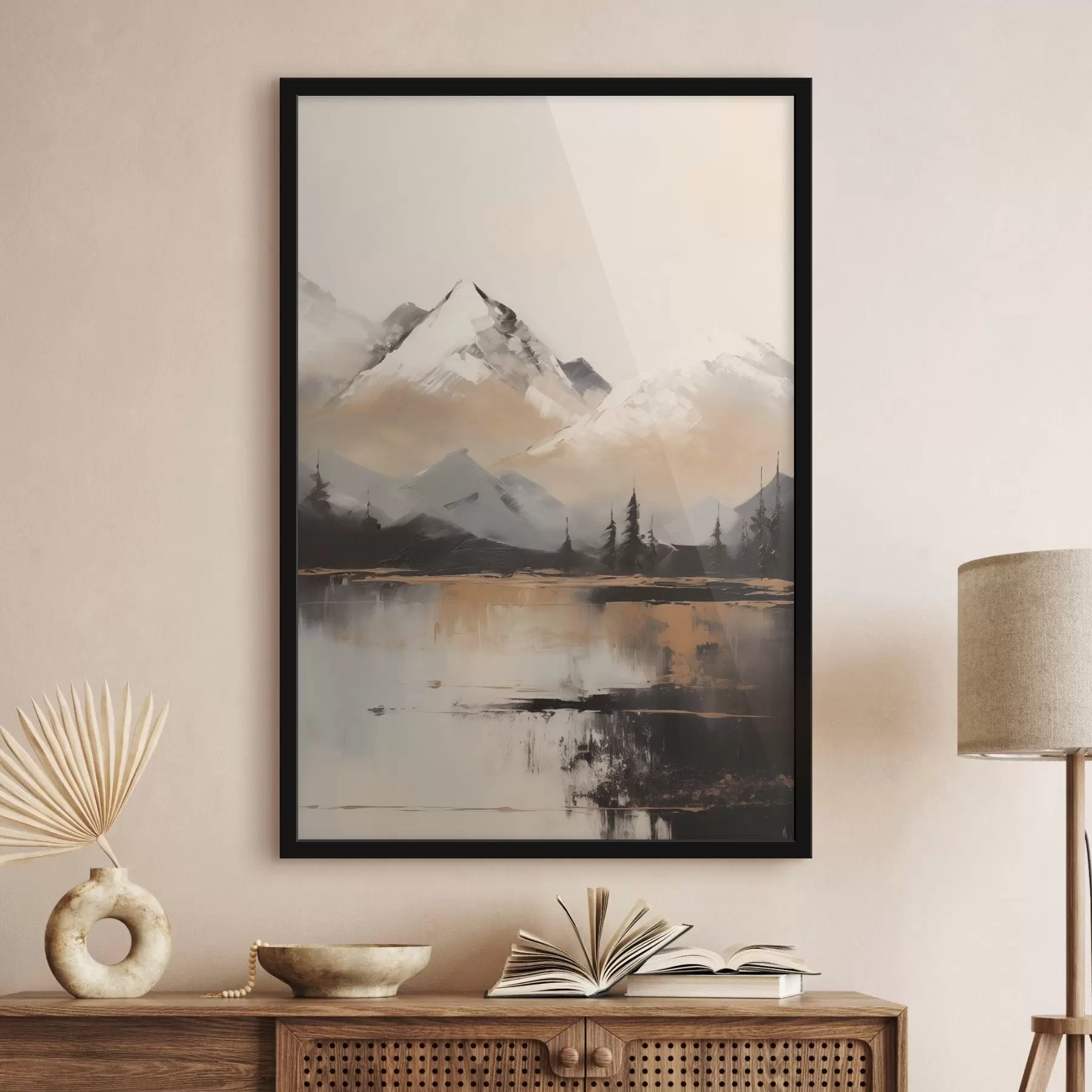 Картина Засніжені гори з текстурою та декількома деревами перед озером f45951