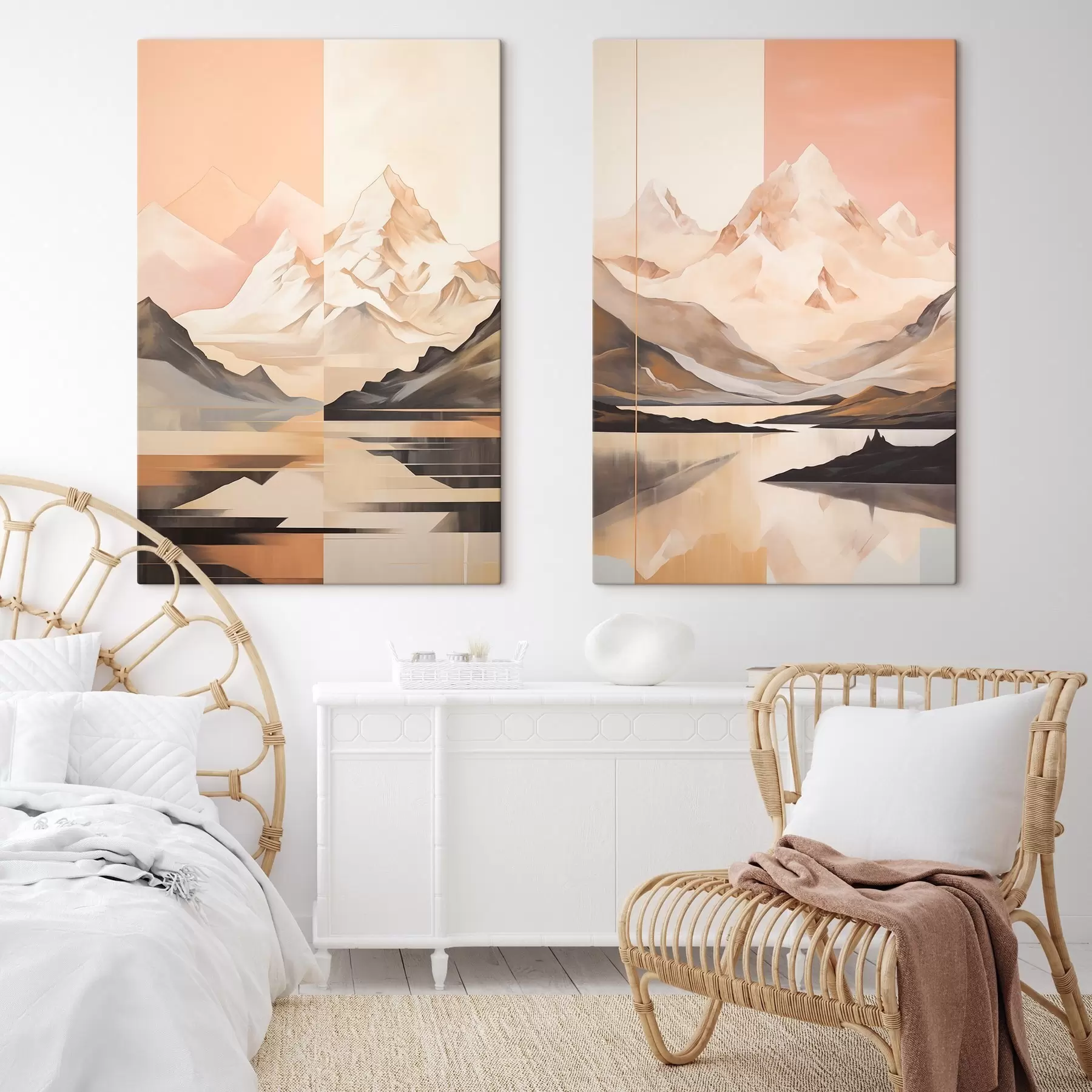 Картина Абстрактний пейзаж з горами та озером, пастельні кольори, мінімалістичний стиль m00830