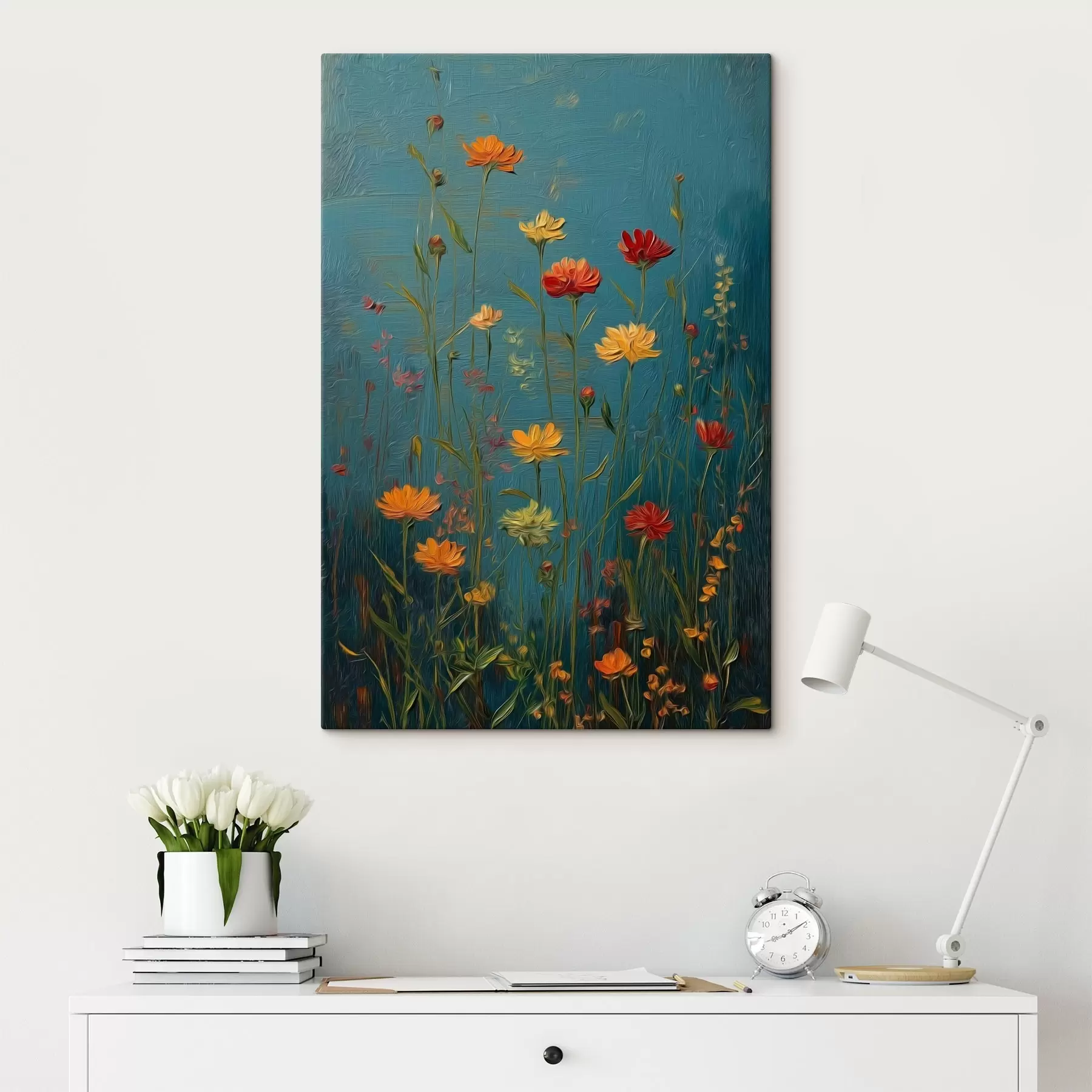 Картина Польові квіти на глибокому бірюзовому тлі s46169