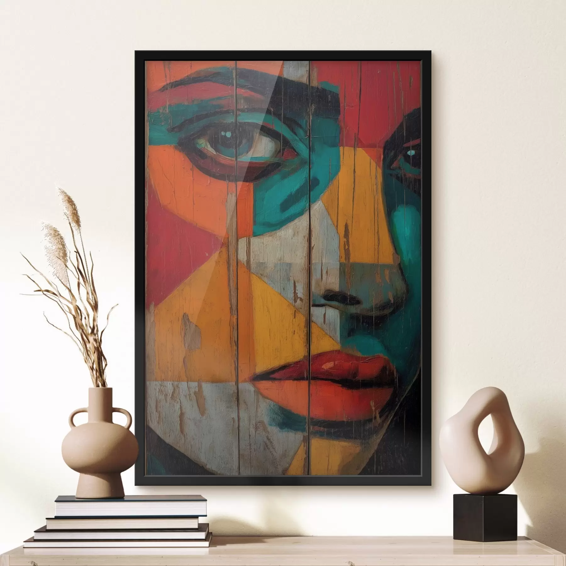 Картина Яскравий геометричний портрет на дерев'яних дошках f46165