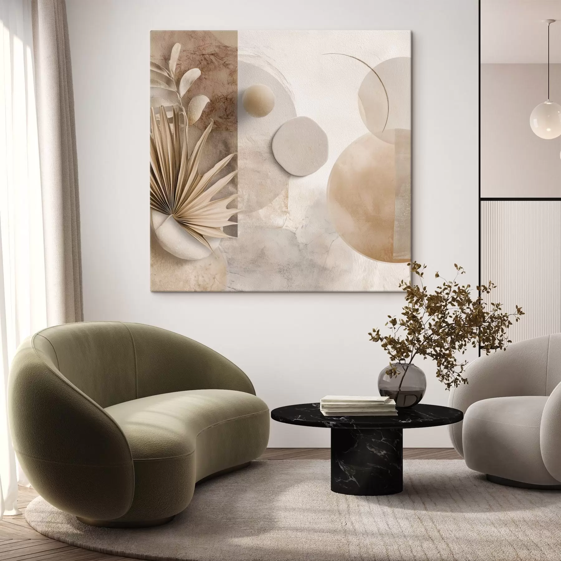 Картина Сушені пальмові листя і 3D-кола в бежевих тонах s46310