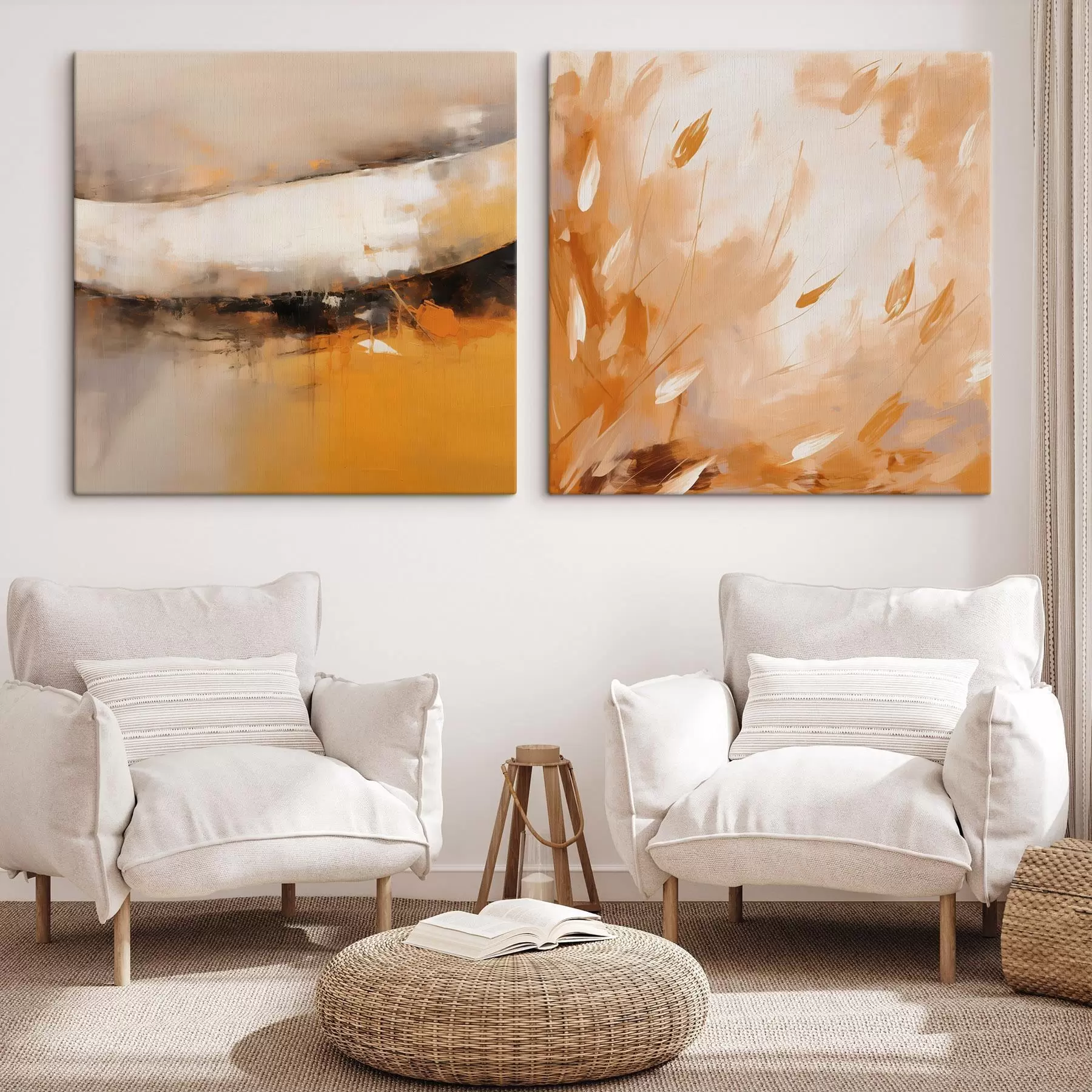 Картина Абстрактний диптих в олійному стилі з жовто-помаранчевими та чорними тонами m00897