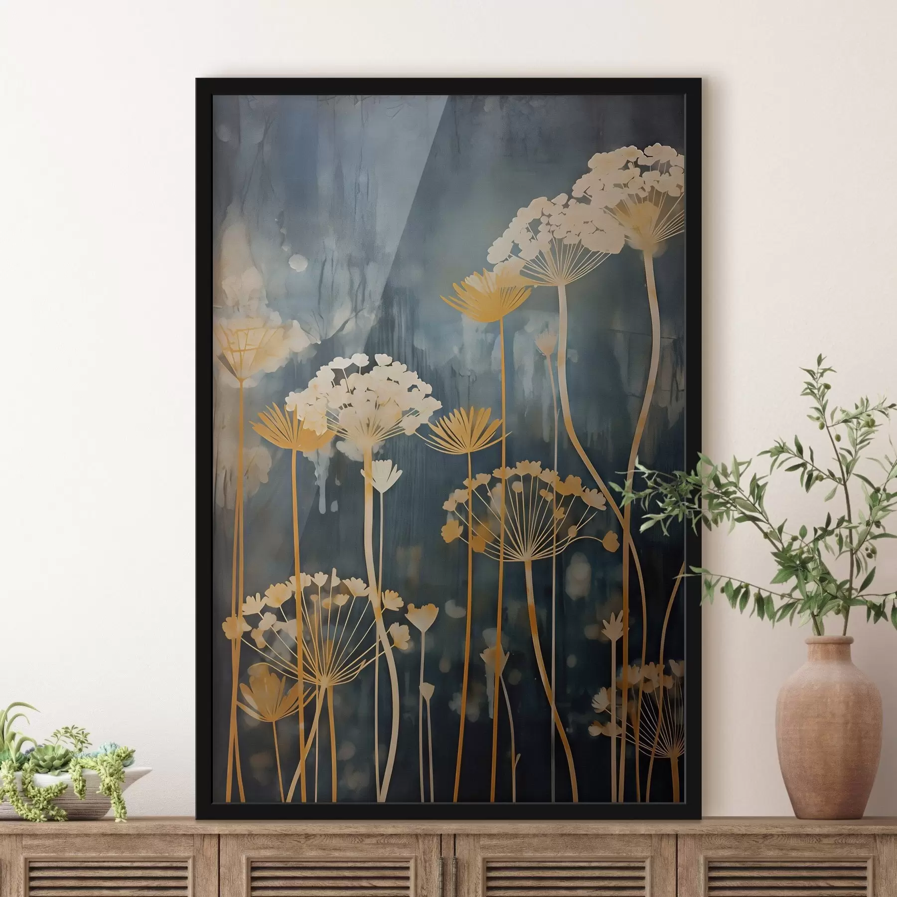 Картина Стилізовані квіти з тонкими стеблами на темному тлі f46188