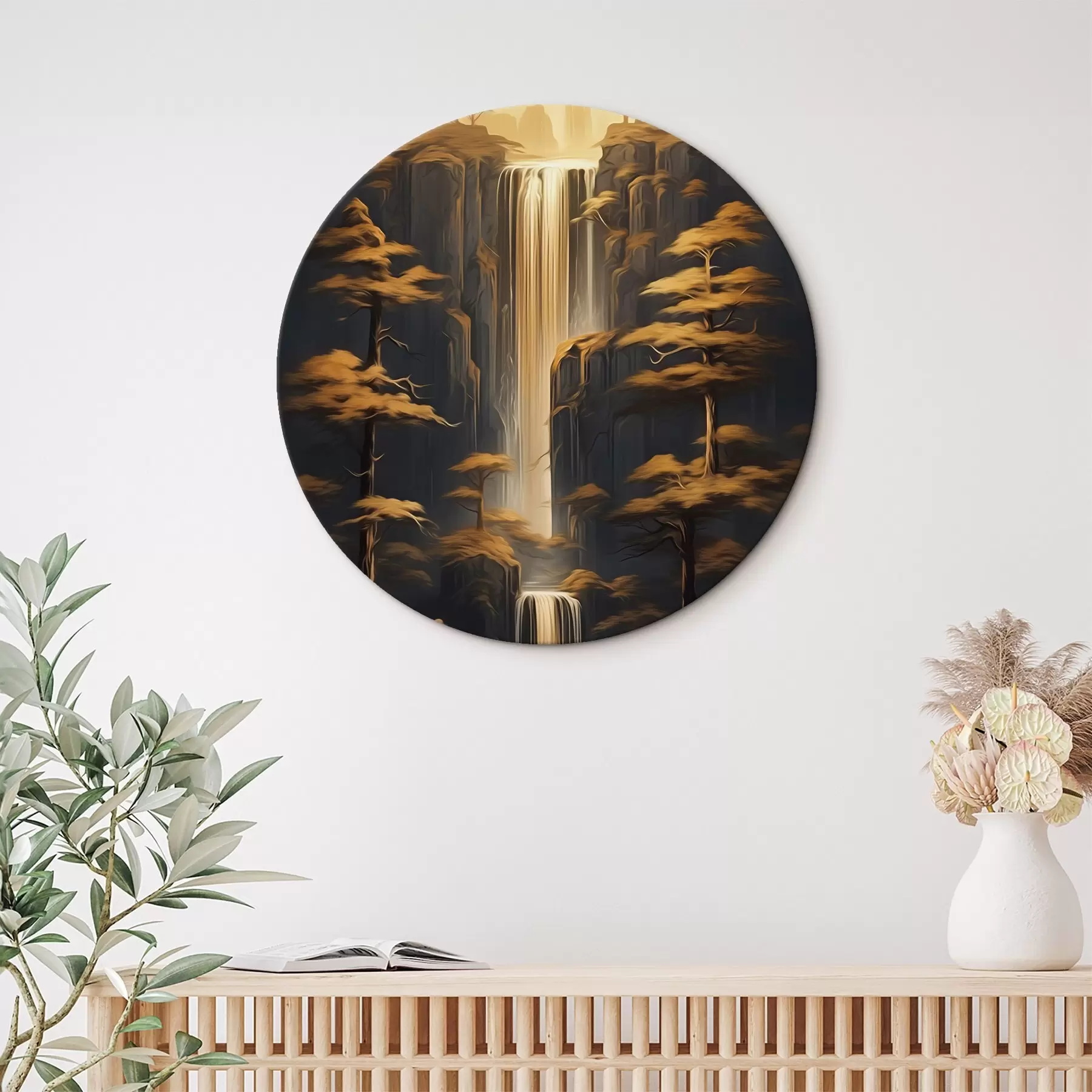 Картина Високі скелі з водоспадом і соснами у вечірньому світлі r46151