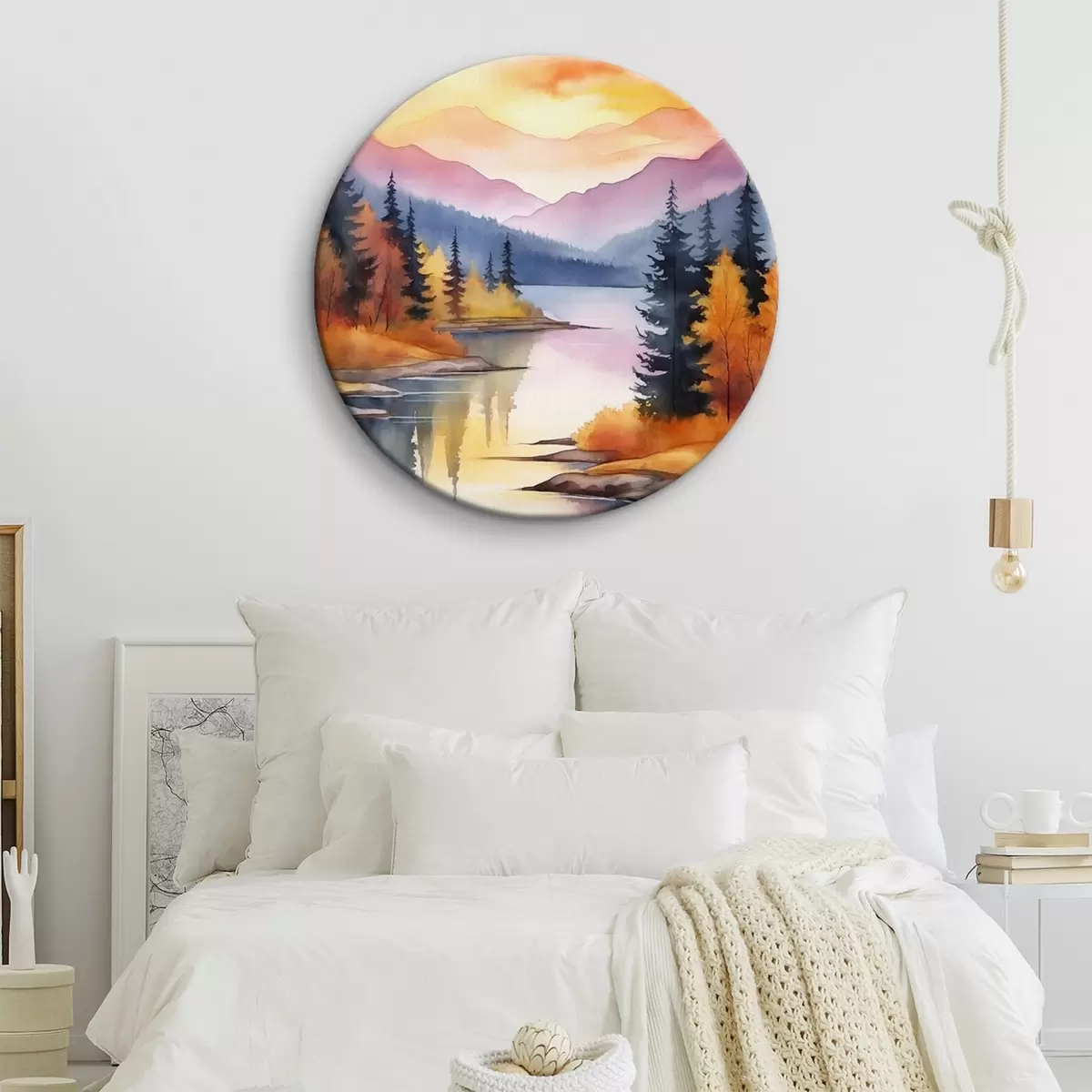 Кругла картина Осінній пейзаж біля озера з яскравим небом r46155