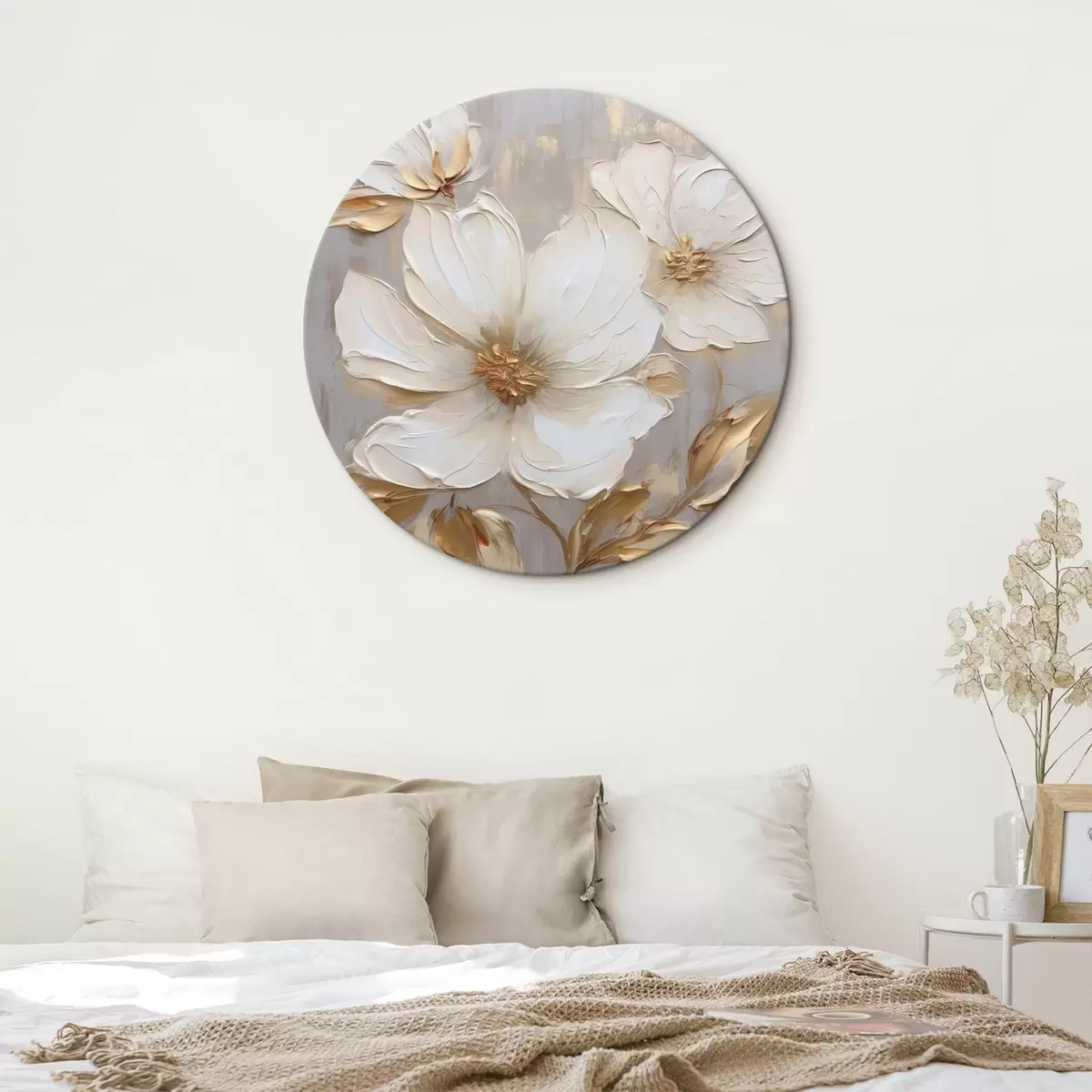 Кругла картина Великі текстурні квіти з мазками фарби в теплій палітрі r46176