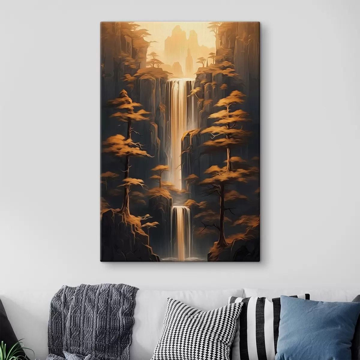 Картина Високі скелі з водоспадом і соснами у вечірньому світлі s46151