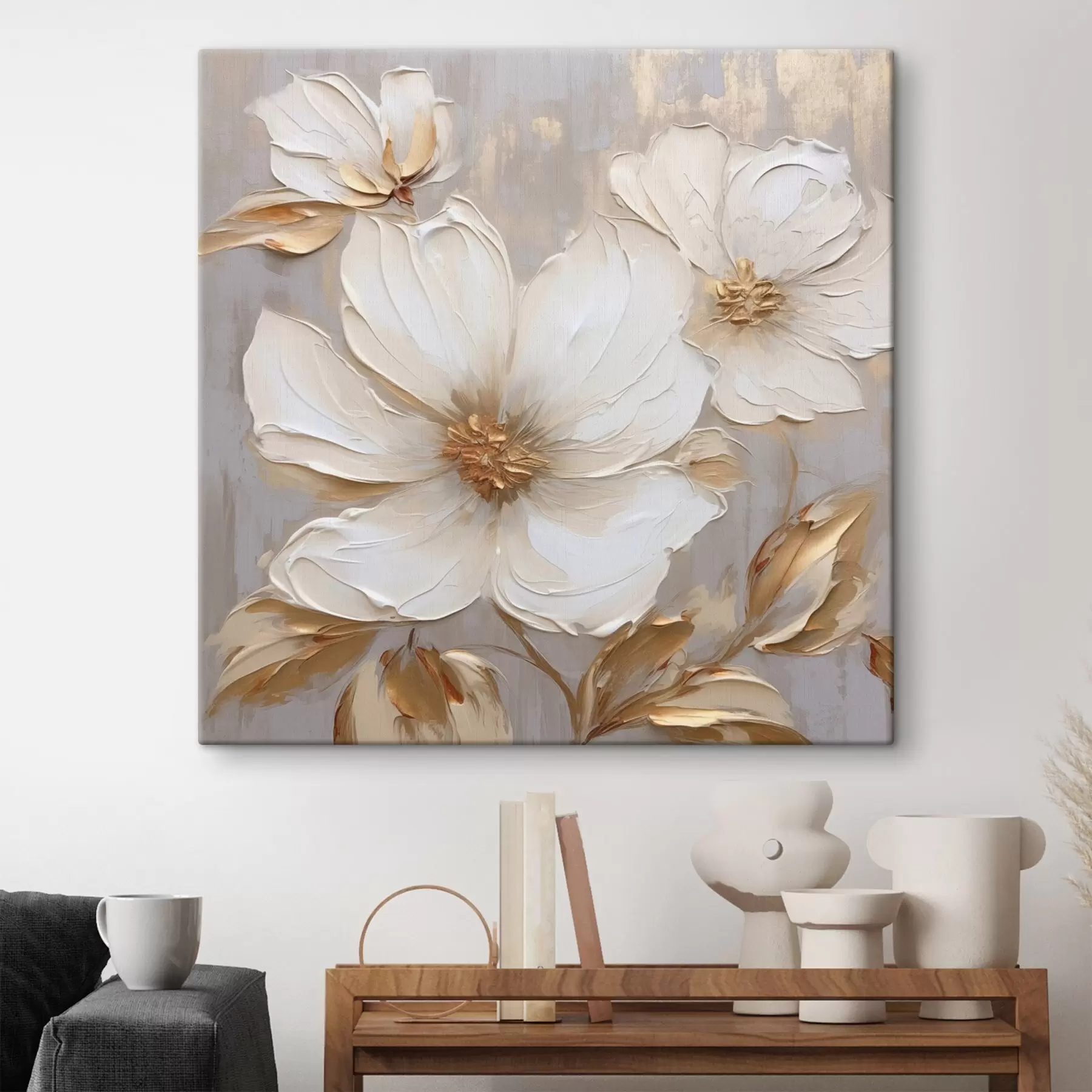 Картина Великі текстурні квіти з мазками фарби в теплій палітрі s46176