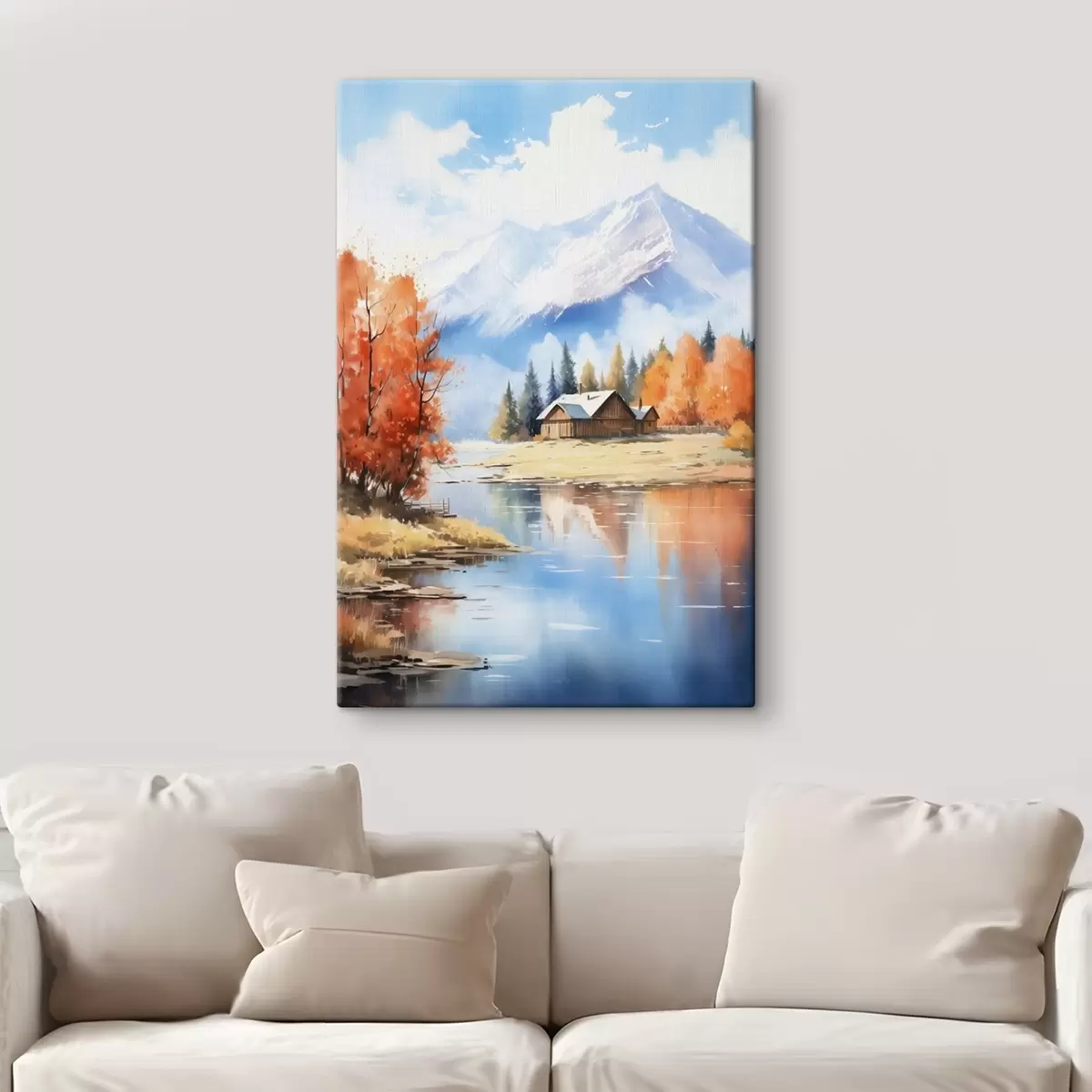 Картина Осінній пейзаж біля озера з будинком і горами s46184
