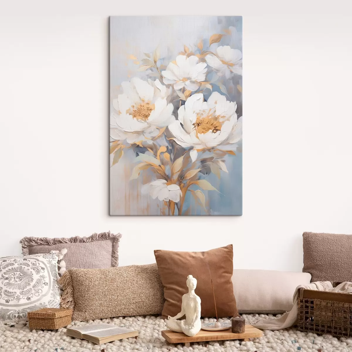 Картина Білі півонії з жовтими серединками і листям, м'які мазки, світло-блакитний фон, квіткова композиція s46270