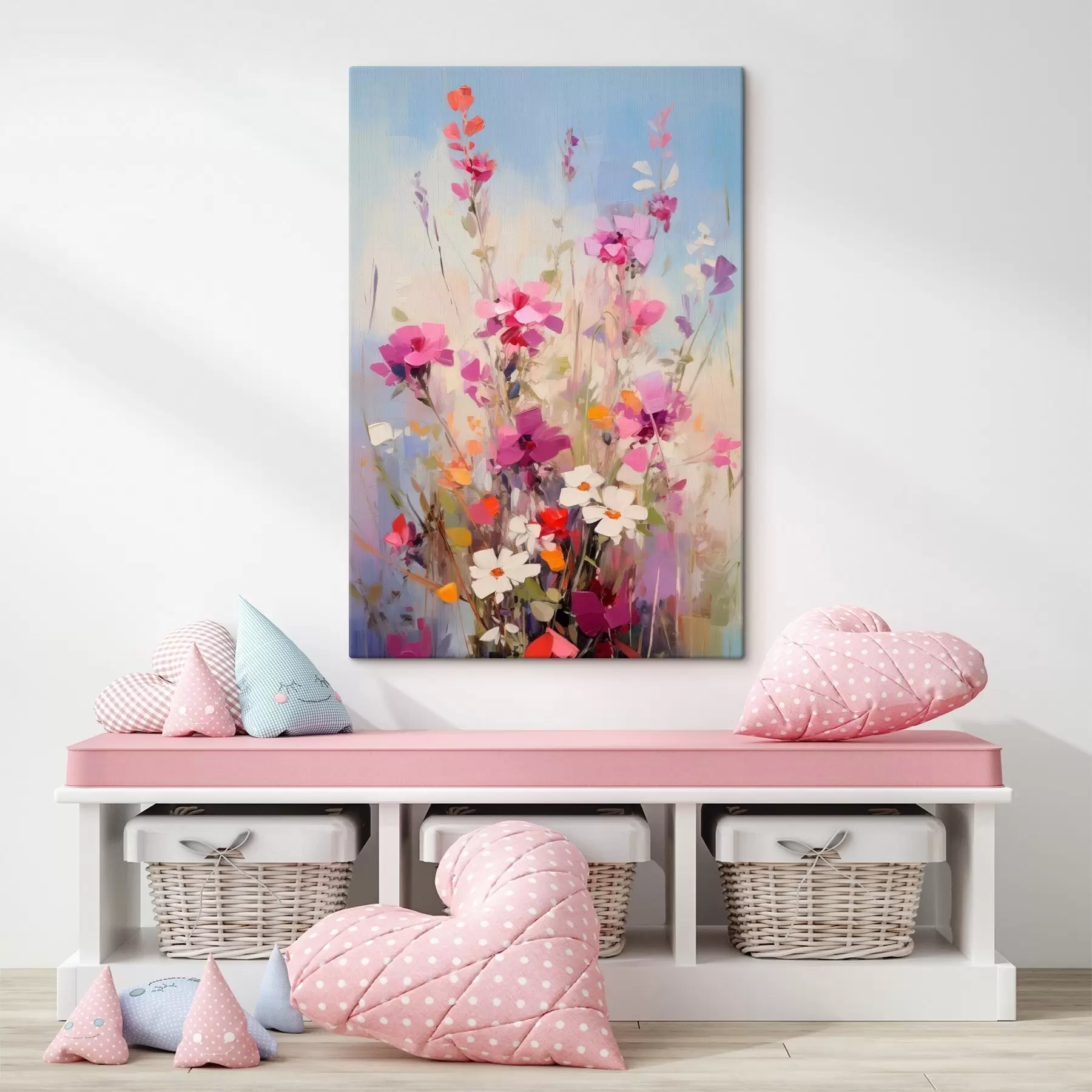 Картина Яскраві рожеві, білі та зелені квіти на м'якому пастельному тлі s46278