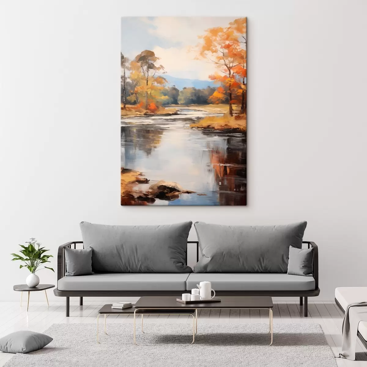 Картина Пейзаж з річкою, що тече через ліс восени, жовті та помаранчеві дерева, стиль живопису s46281