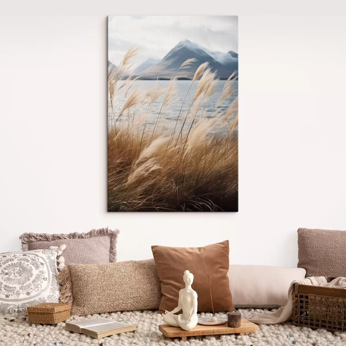 Картина Трава пампас на тлі озера і гір, м'яке освітлення, приглушені кольори, натуралістичний стиль s46283