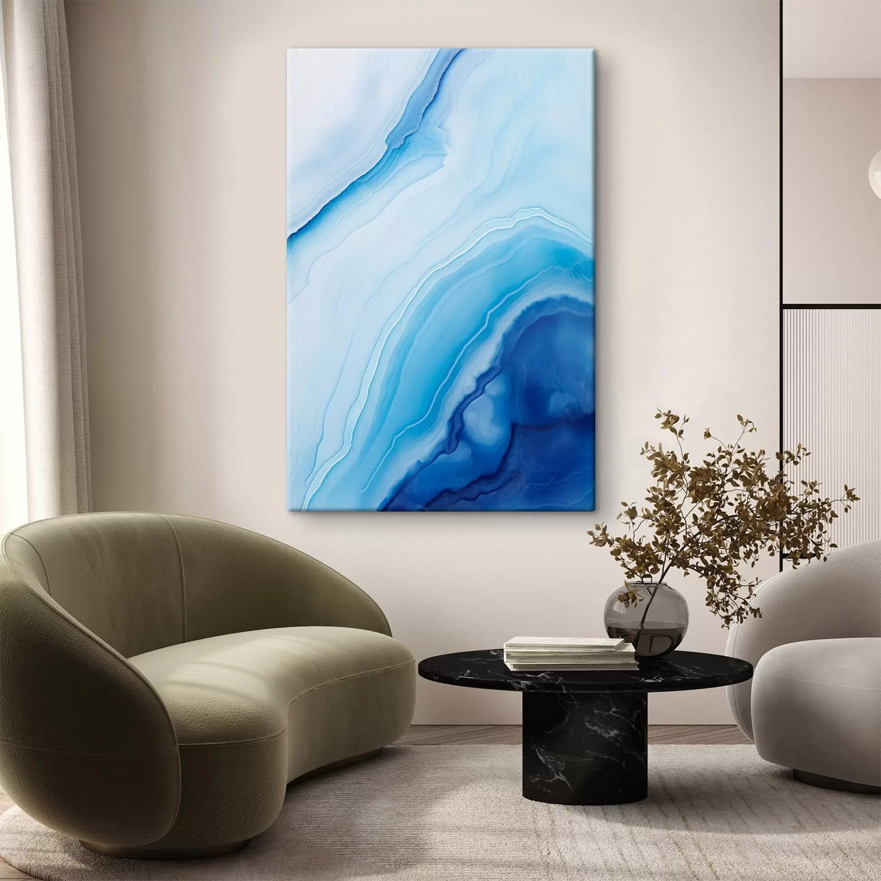 Картина Абстрактний синьо-білий агатний принт, закручені лінії та градієнти, гладка текстура, сучасне мистецтво, мінімалізм s46290