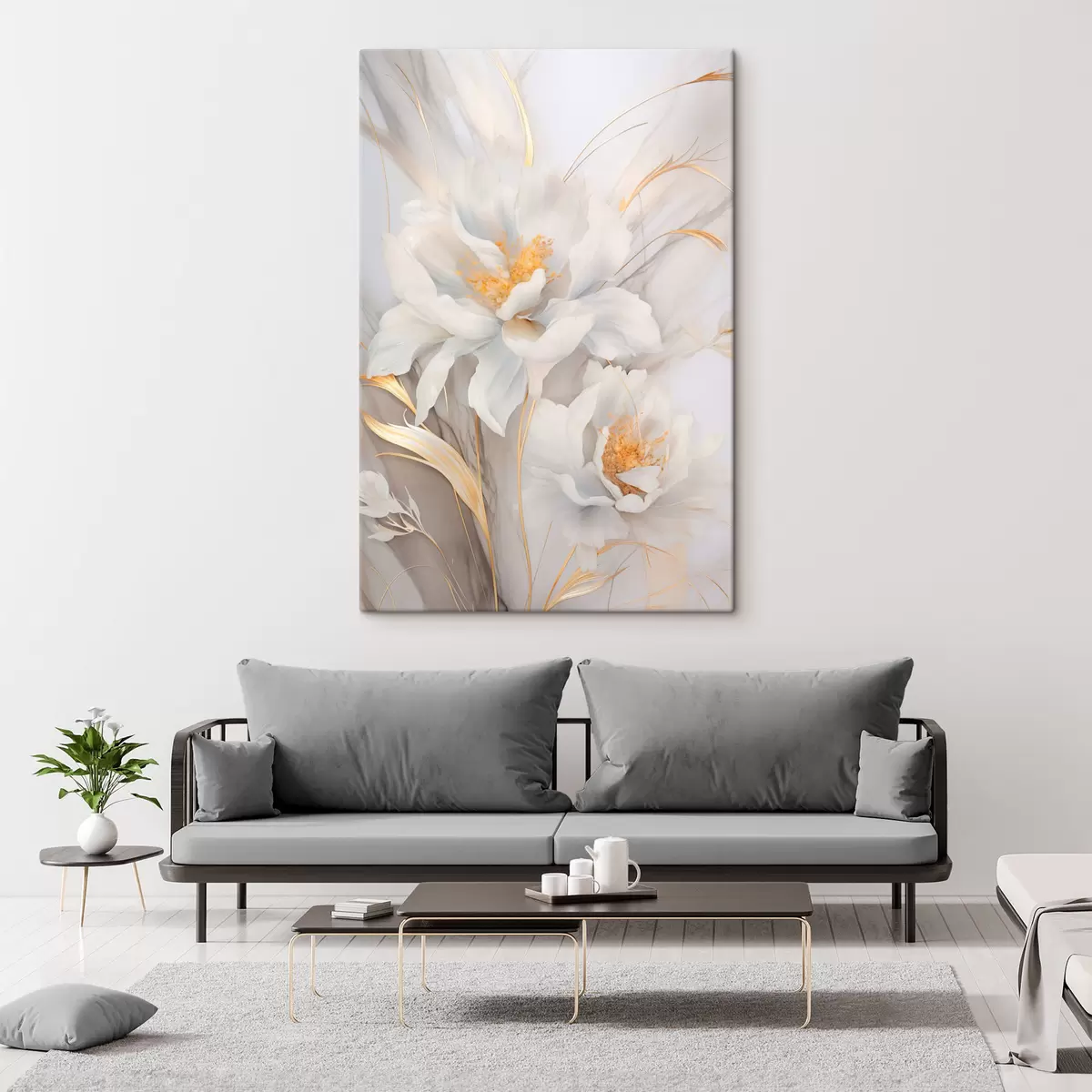 Картина Білі квіти з жовтими маточками і стеблами, ніжні пелюстки, витончена композиція, нейтральний фон s46293