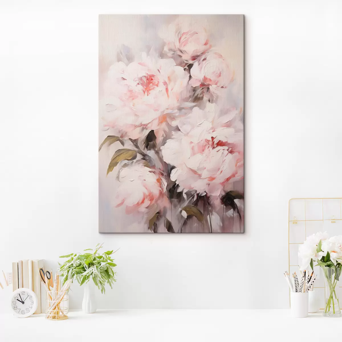 Картина Букет світло-рожевих півоній із зеленим листям, м'які мазки, пастельні кольори, на світлому тлі s46294
