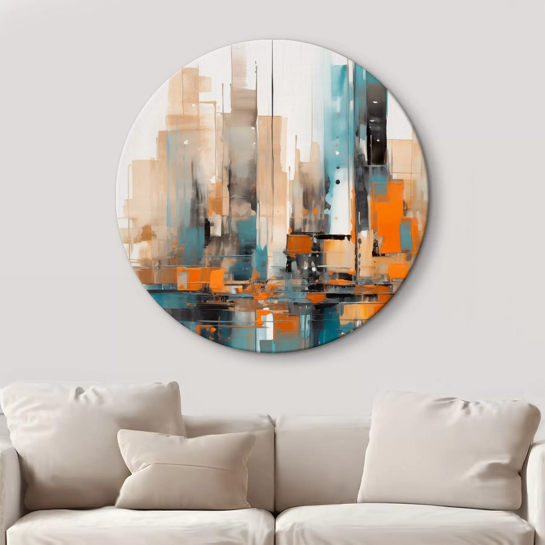 Картина Абстрактний міський пейзаж з помаранчевими, бірюзовими та коричневими вертикальними мазками та геометричними фігурами r46266