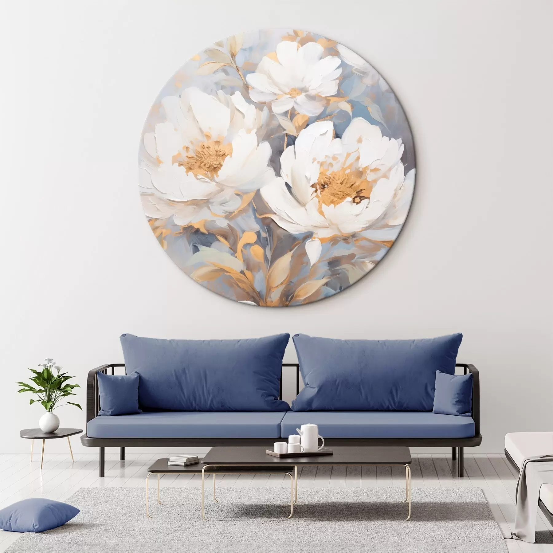 Картина Білі півонії з блакитними серединками і листям, м'які мазки, світло-блакитний фон, квіткова композиція r46270