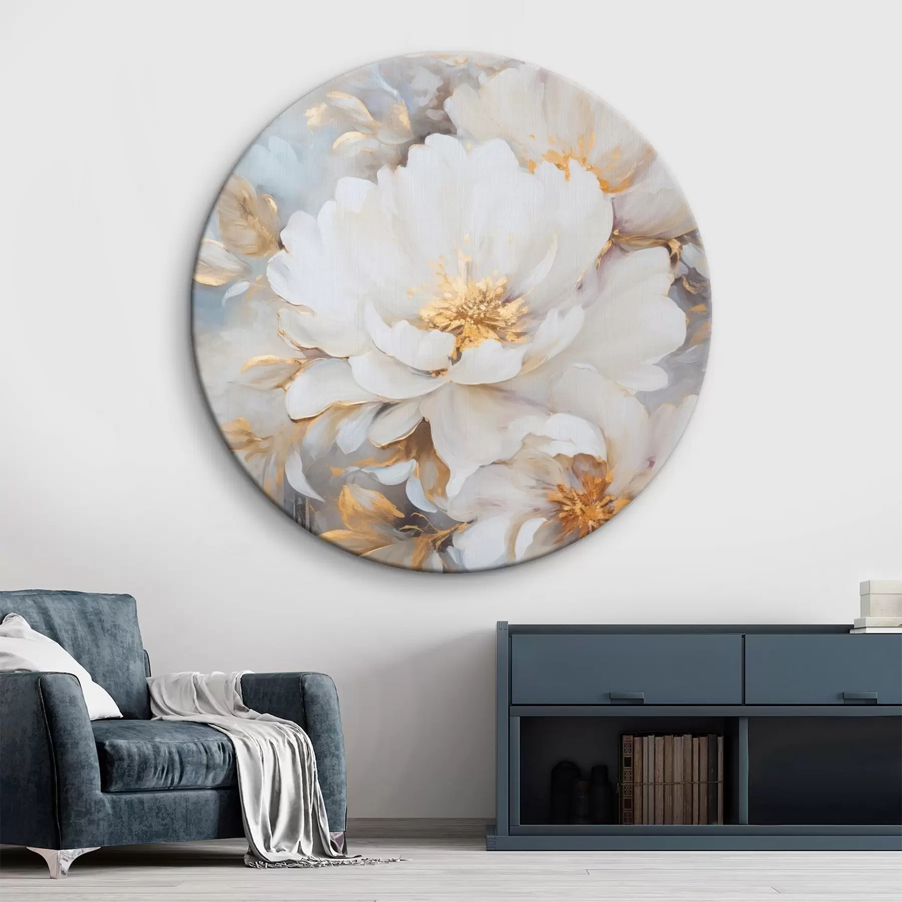 Картина Білі півонії з блакитними серединками і листям, м'які мазки, світло-блакитний фон, квіткова композиція r46271