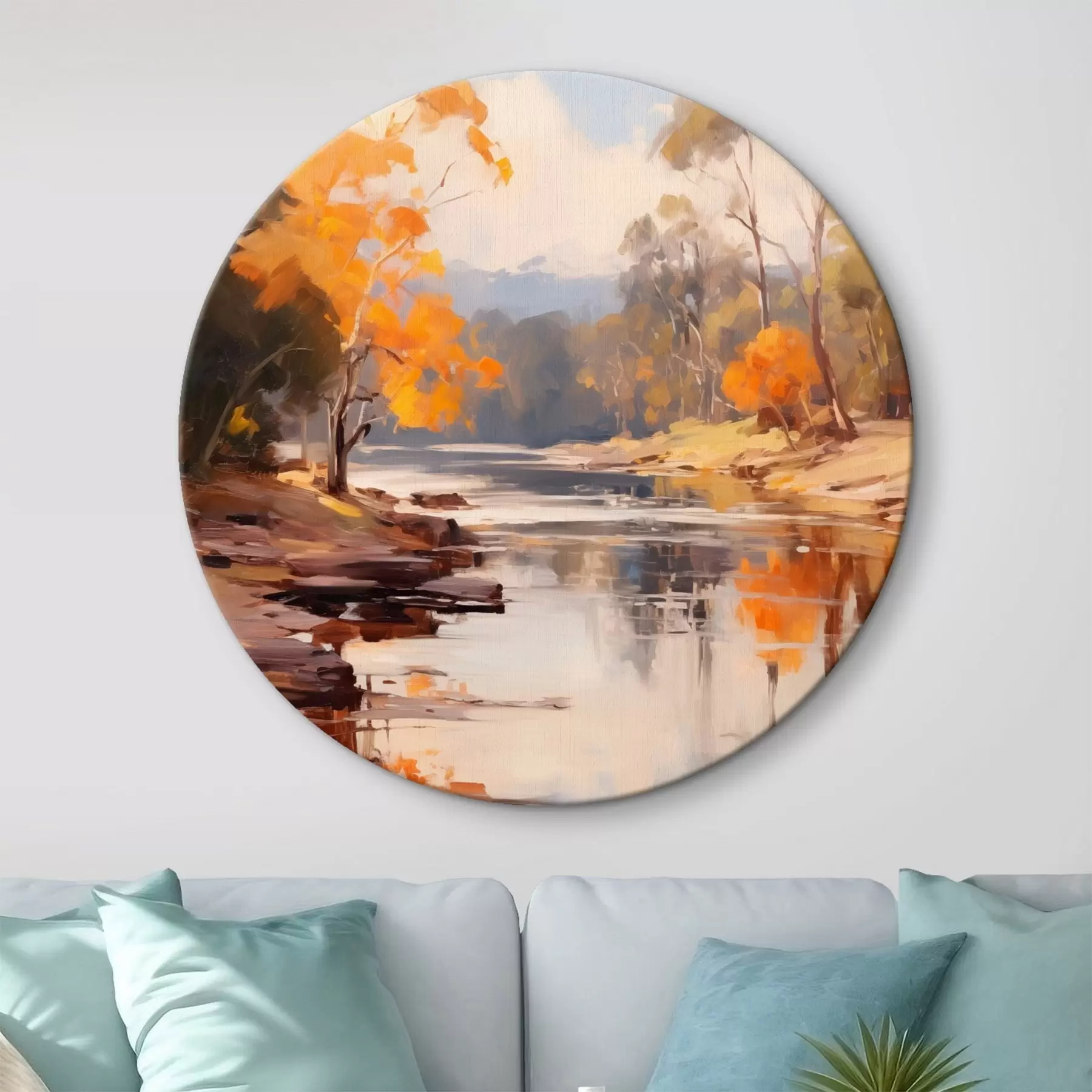 Картина Осінній пейзаж, річка з деревами на березі, ліс на задньому плані, відблиски на воді r46280