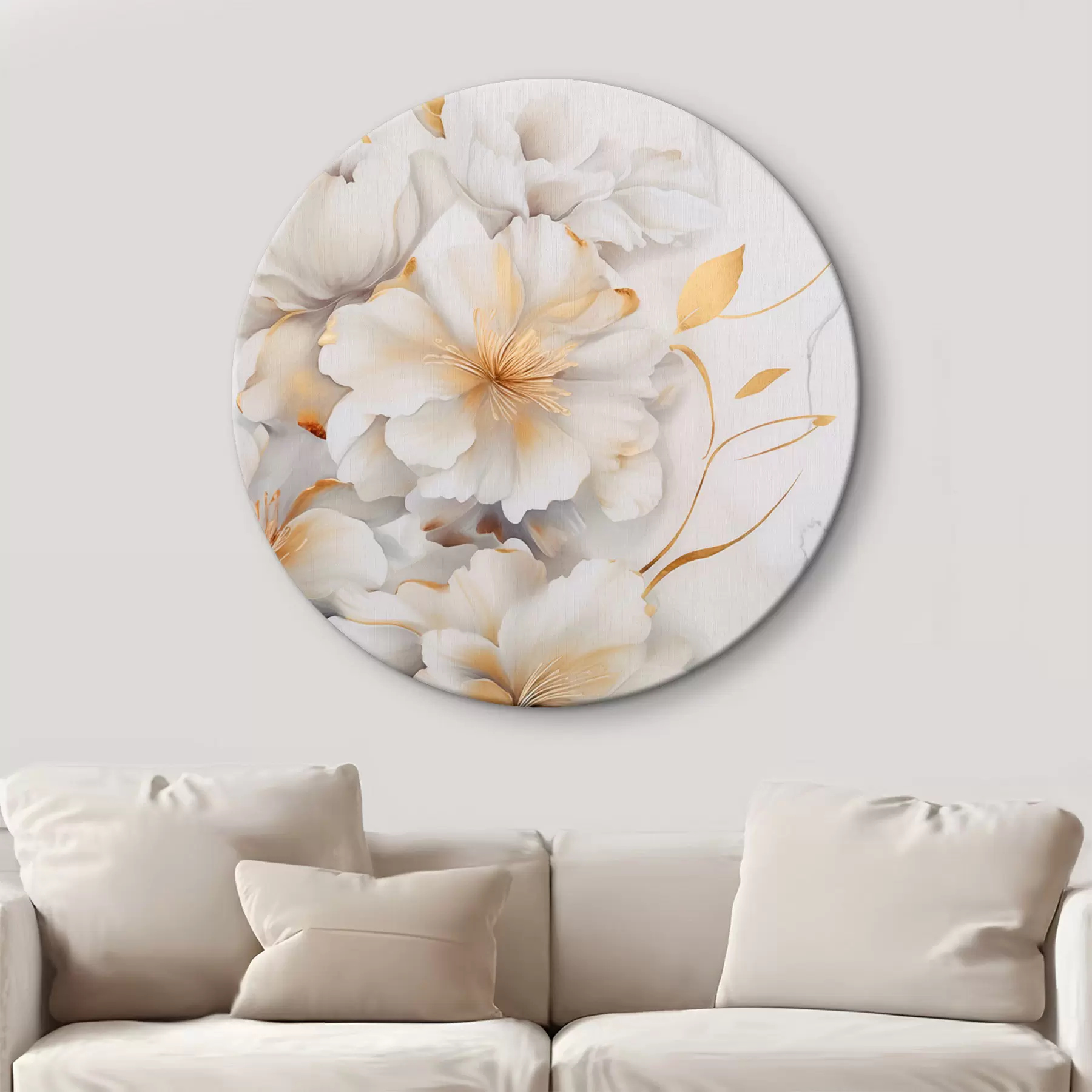 Картина Білі квіти з жовтими деталями, пелюстки з легкими тінями, світлий фон з легким мармуровим ефектом r46292