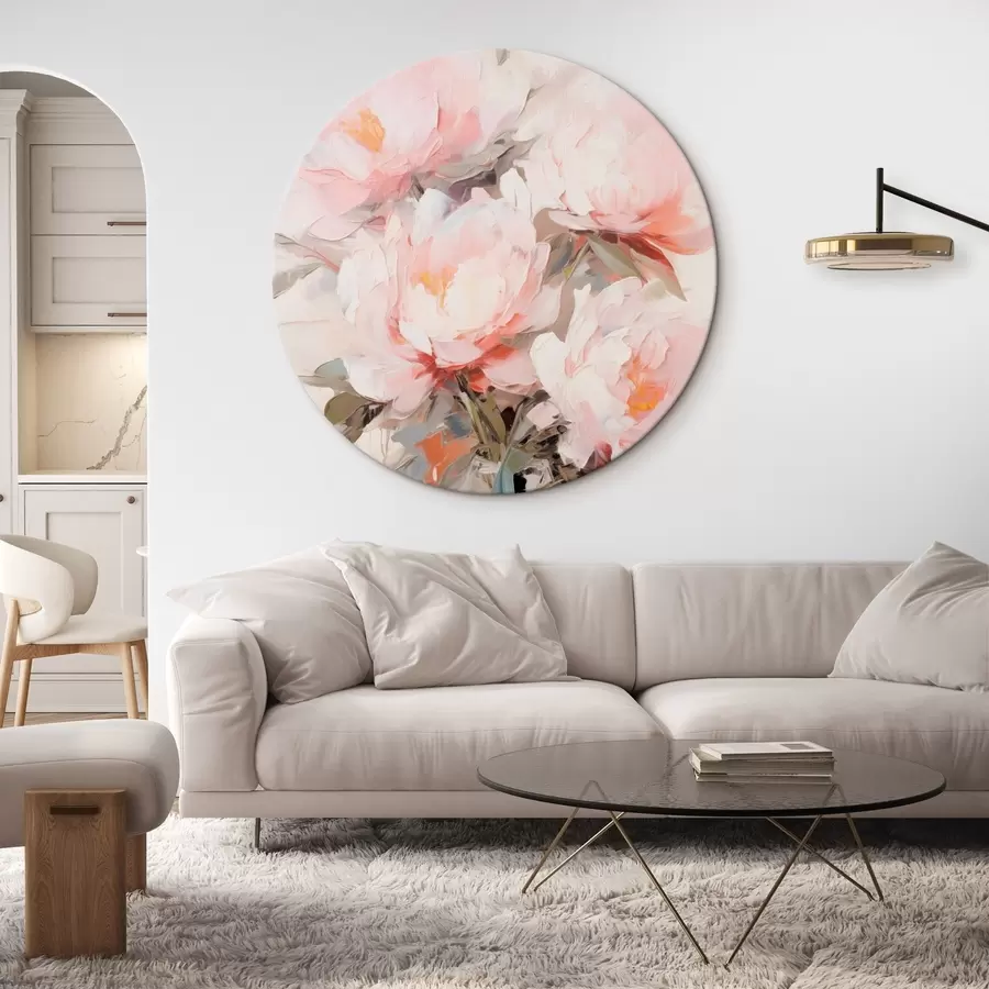 Картина Букет рожевих і білих півоній у скляній вазі, м'які мазки, пастельні кольори, нейтральний фон r46295