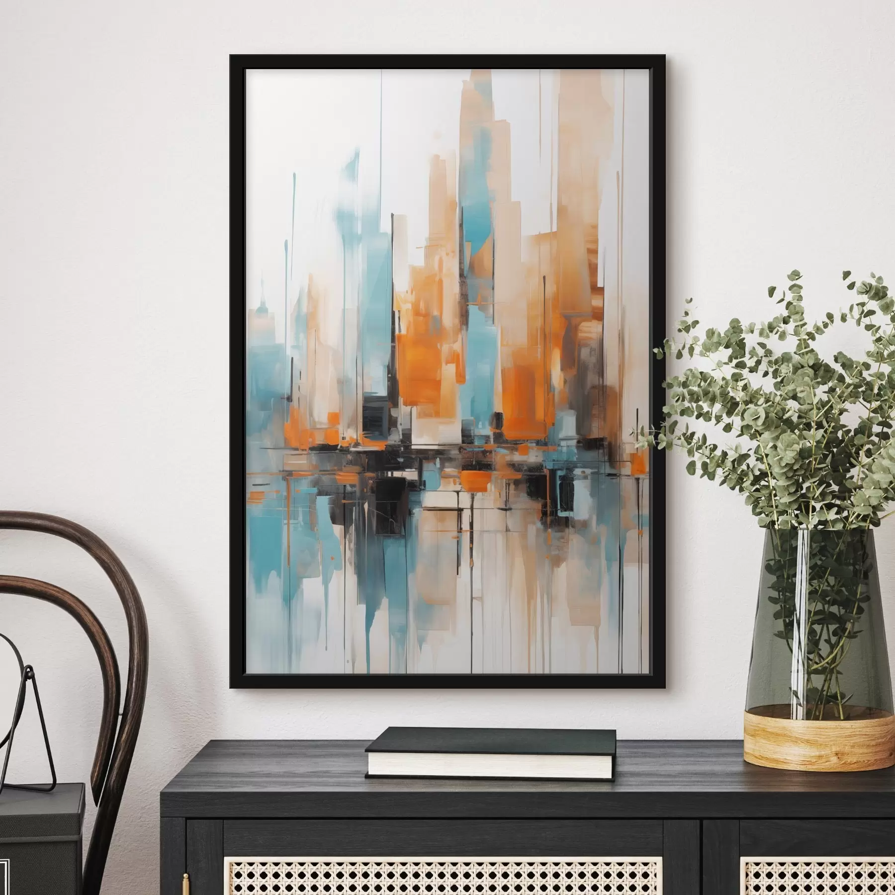 Картина Абстрактний міський пейзаж з вертикальними мазками в відтінках оранжевого, синього та білого, стиль живопису f46267