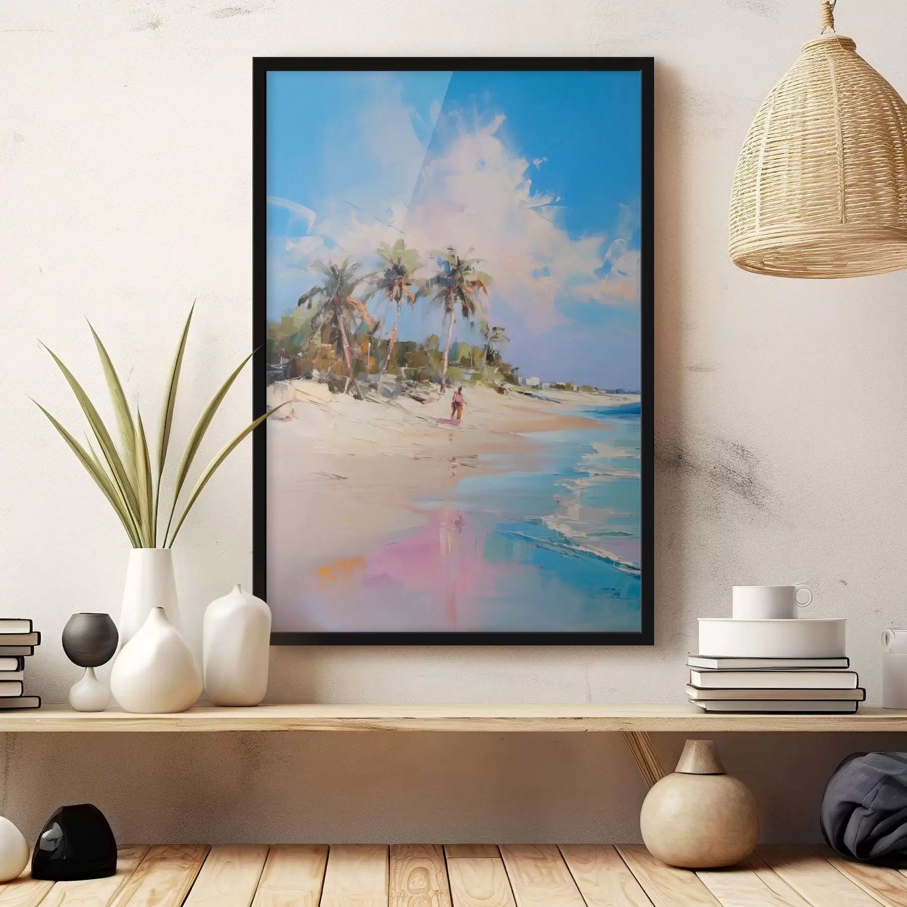 Картина Абстрактний пейзаж, пляж з пальмами, яскравий сонячний день з блакитним небом і декількома хмарами f46284
