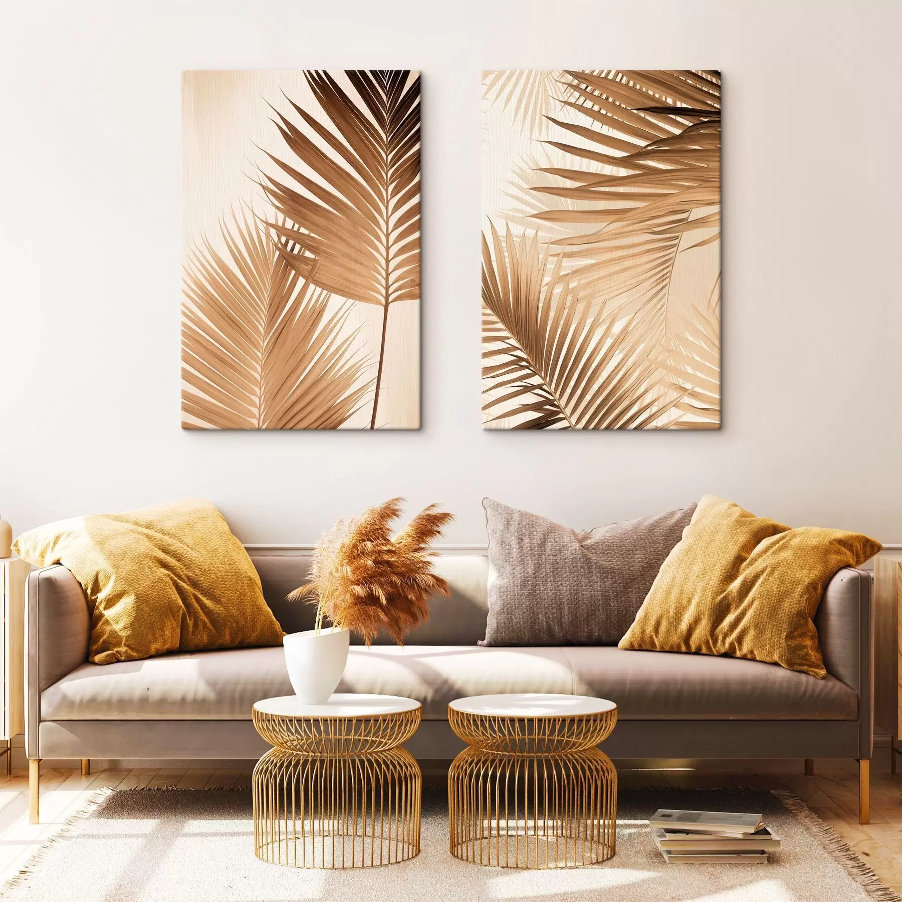 Картина Пальмове листя в коричневих тонах, нейтральний фон, мінімалістичний стиль, природне освітлення, тропічна атмосфера m00880